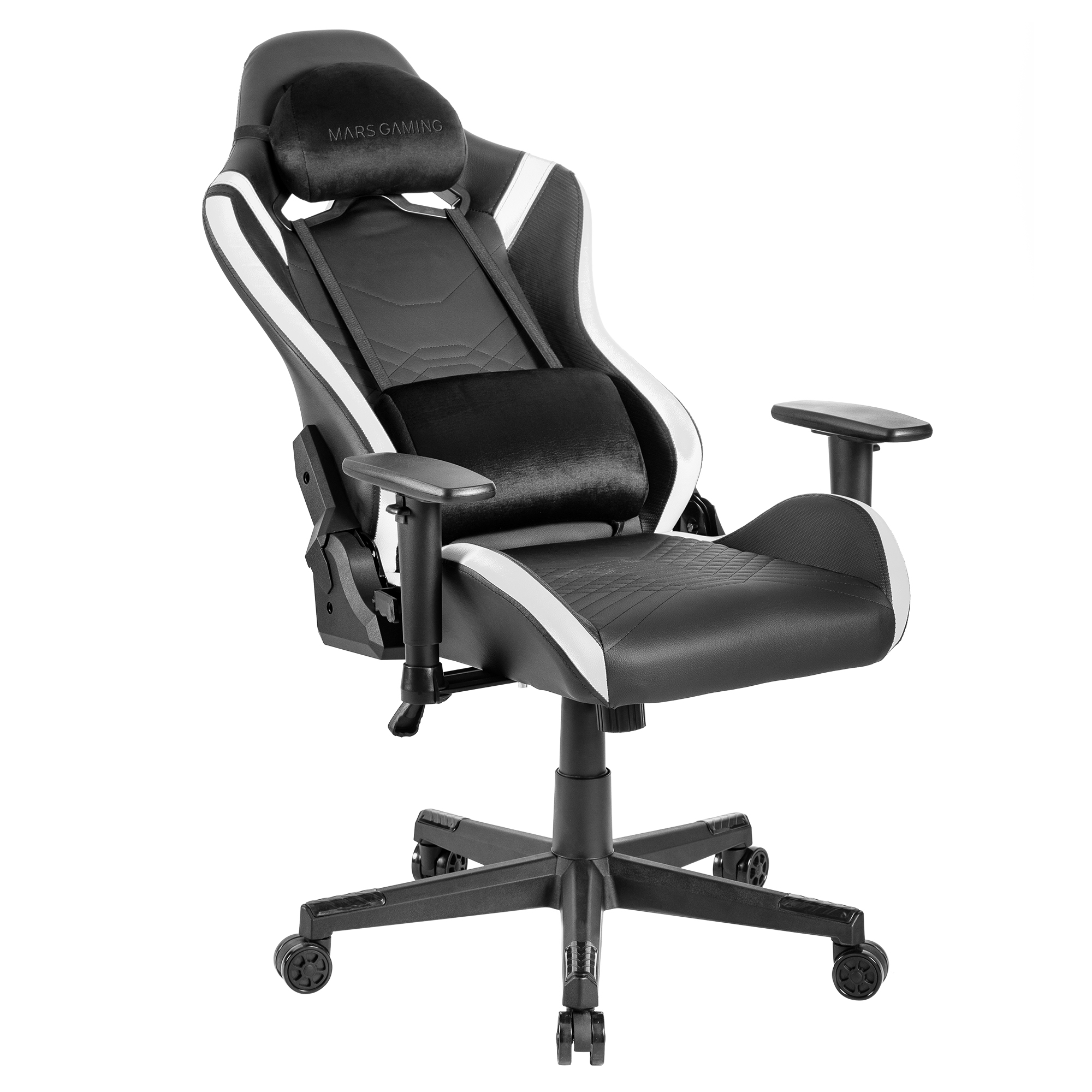 Una silla gamer negra con detalles blancos y soporte lumbar ajustable.