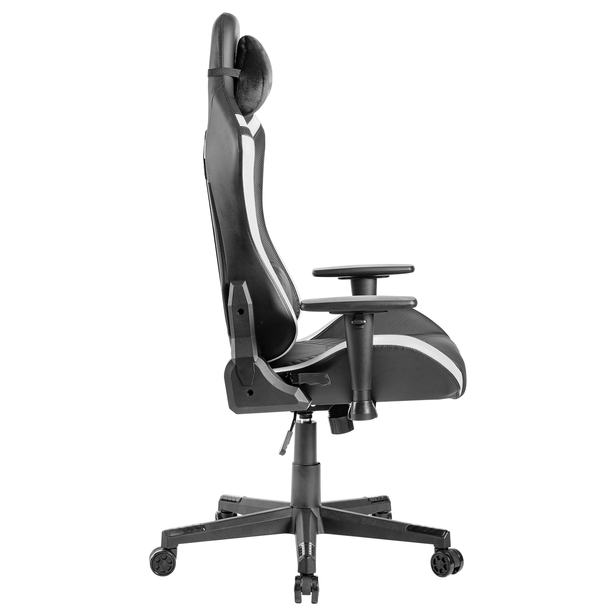 Silla gamer negra con ribete blanco y reposacabezas, vista de lado.