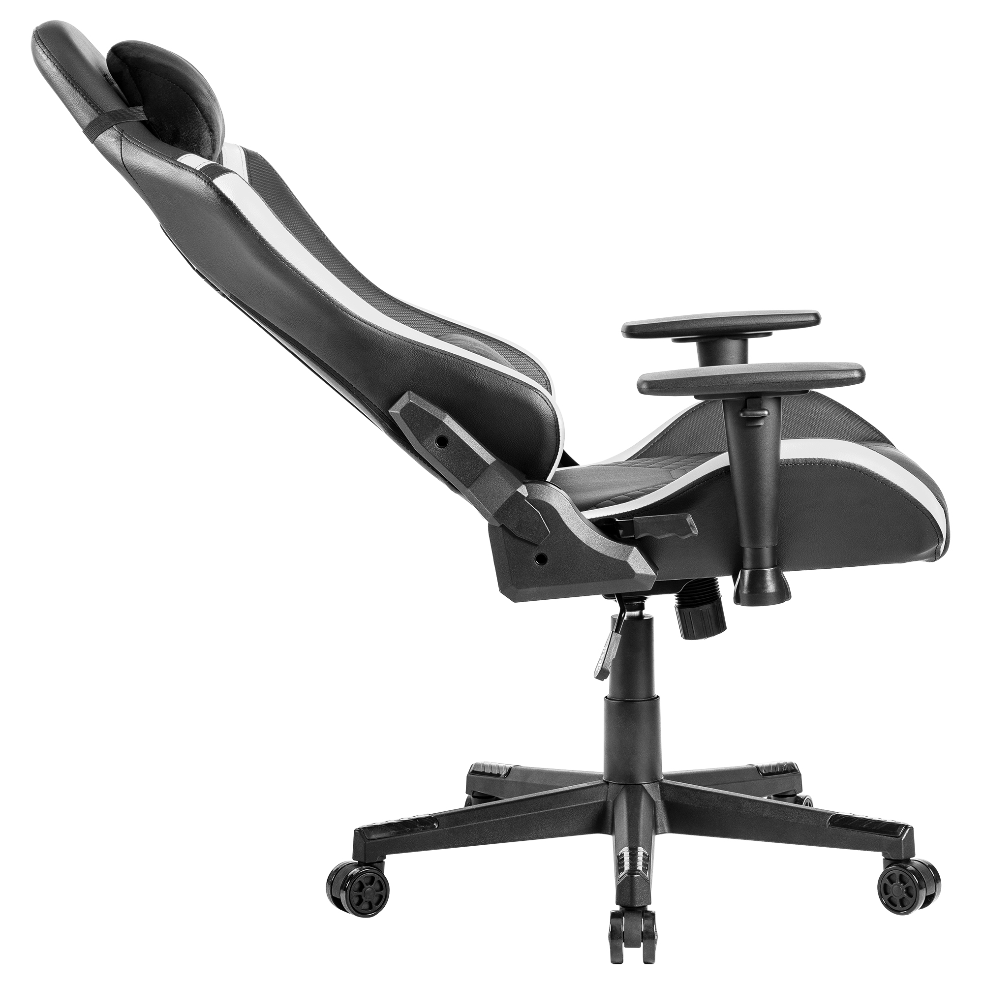 Silla gamer negra con detalles blancos, respaldo y reposabrazos ajustables.