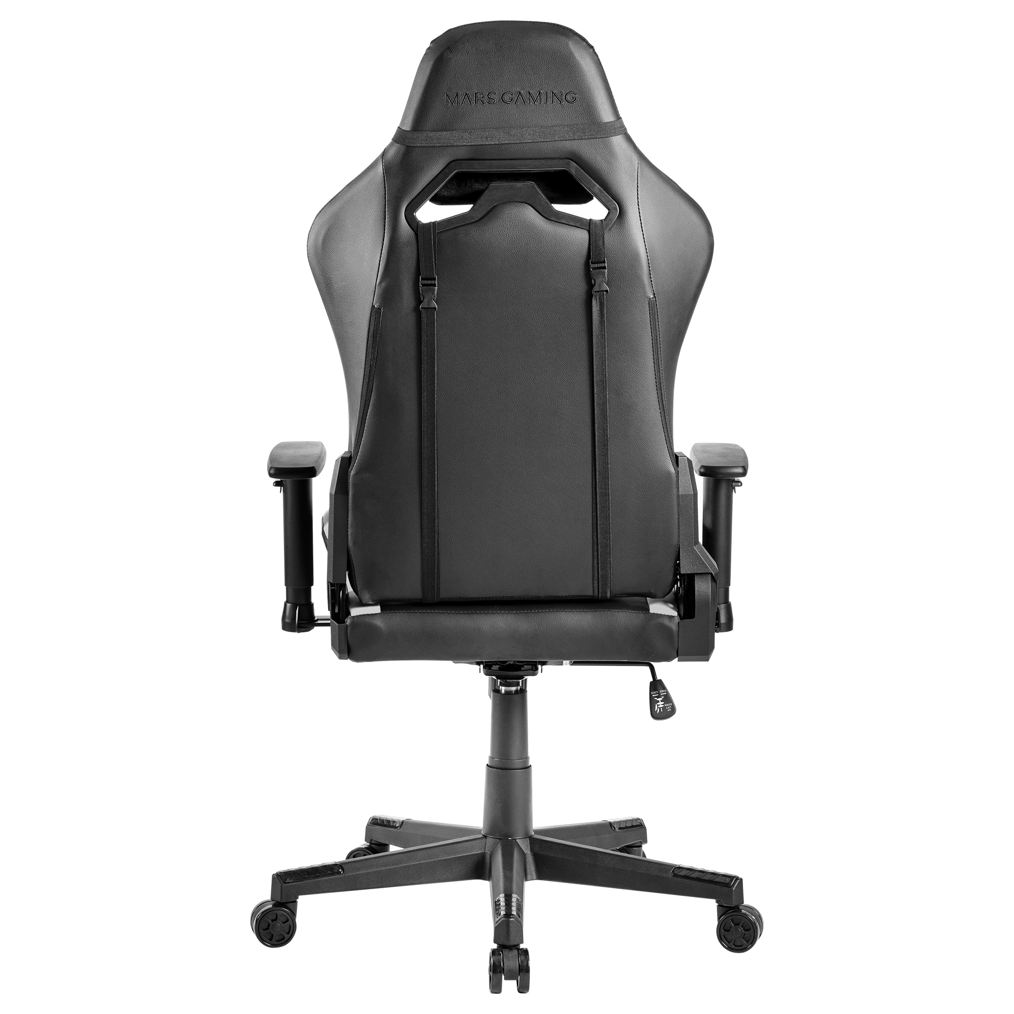 Silla gamer negra con reposabrazos ajustables, vista trasera con 