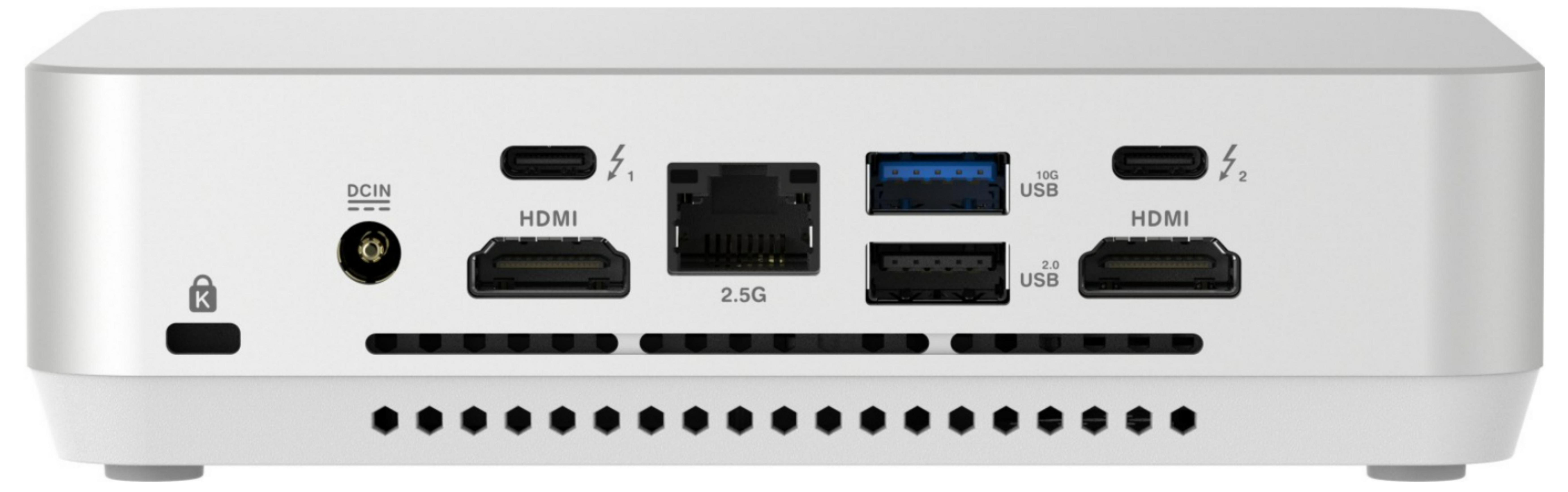 Biały tył komputera z portami: DCIN, 2x HDMI, Ethernet 2.5G, 2x USB, blokada Kensington.