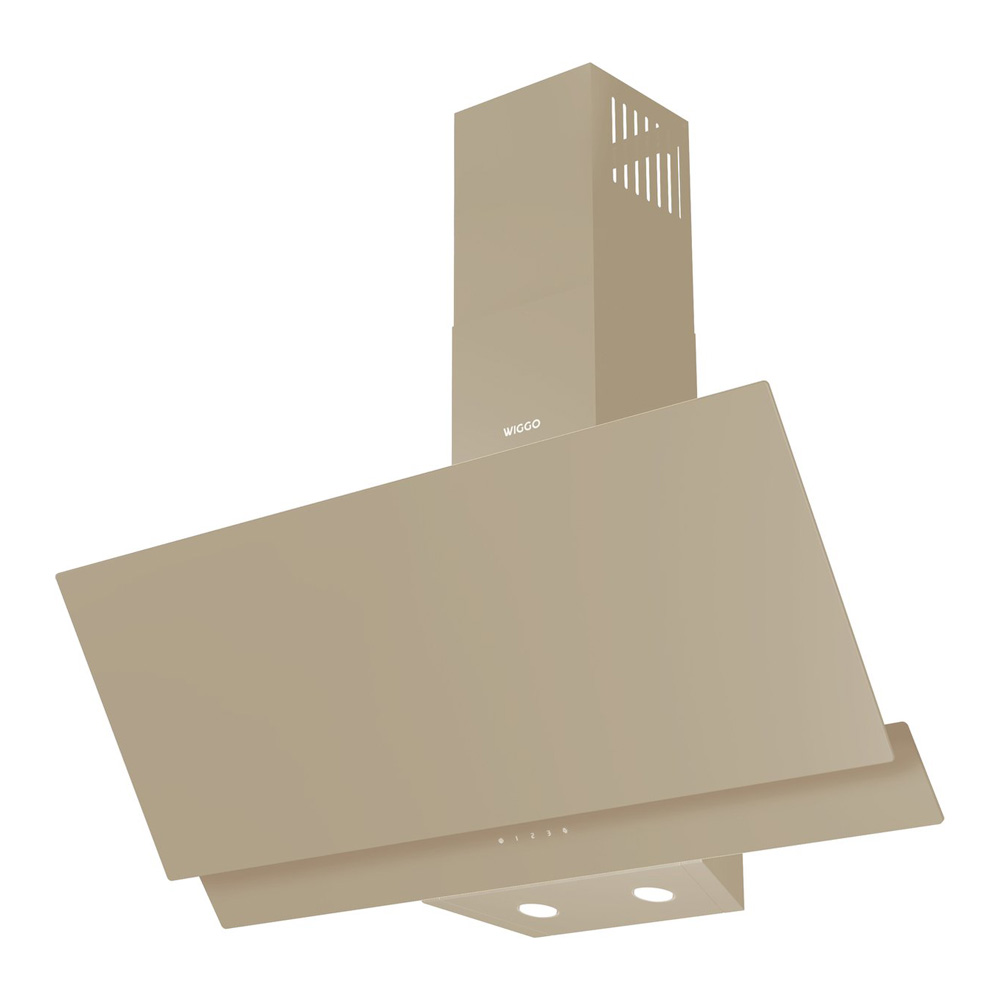 Een beige afzuigkap met zilveren logo en lampjes.