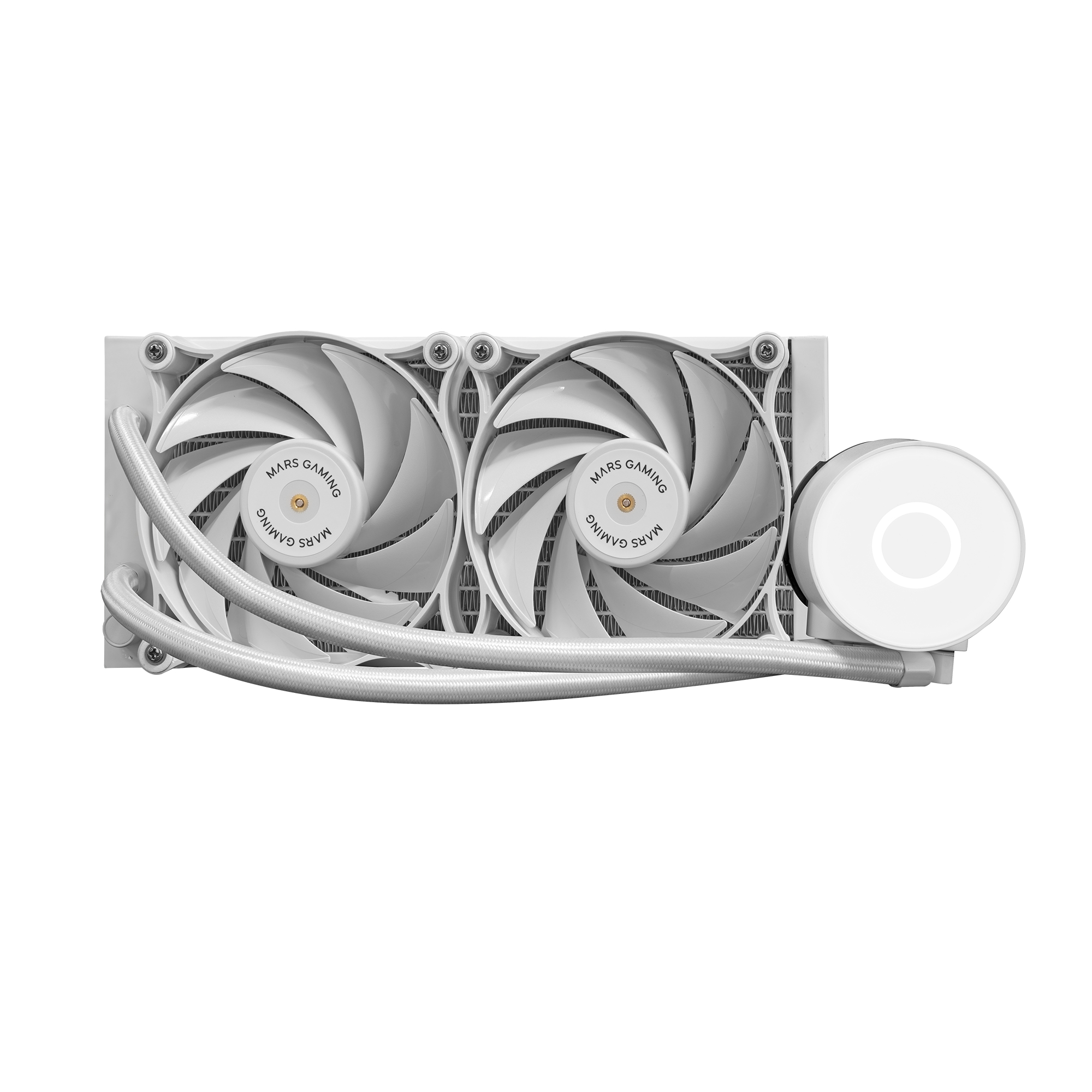 Biała chłodnica komputerowa z dwoma łopatkami wentylatora i wężami.