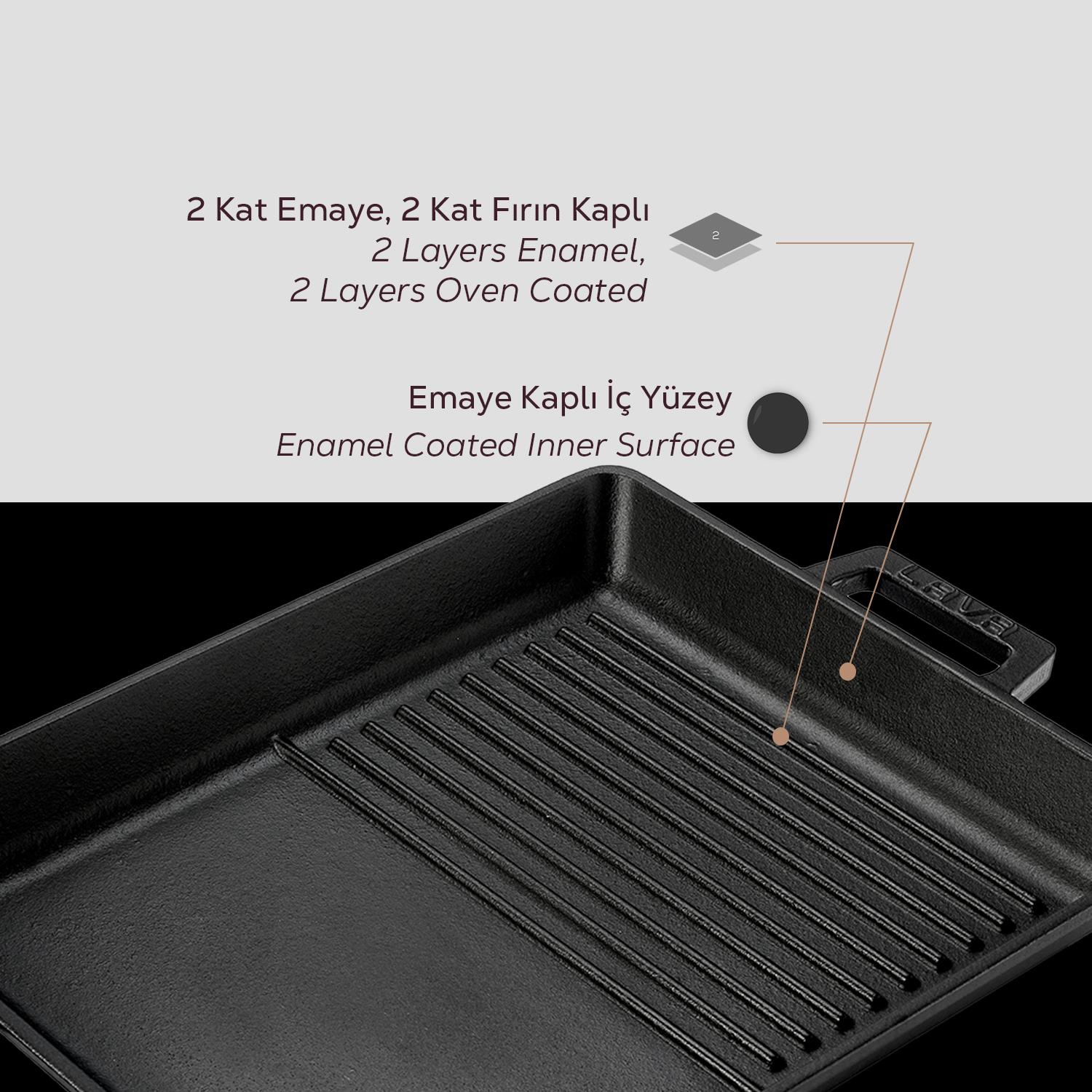 İki kat emaye kaplı siyah döküm demir ızgara tava.