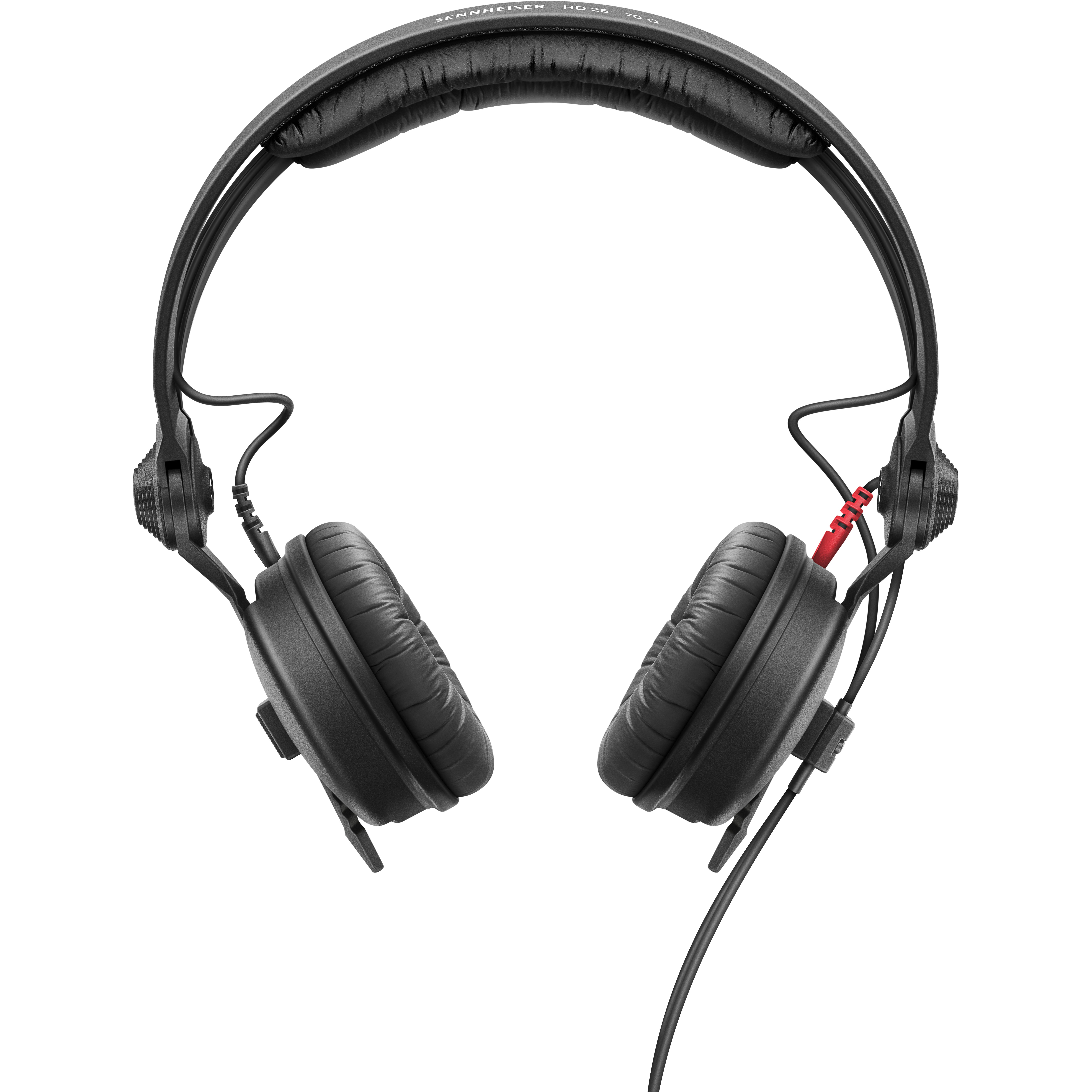 Black headphones with padded earcups and a red cable connector.