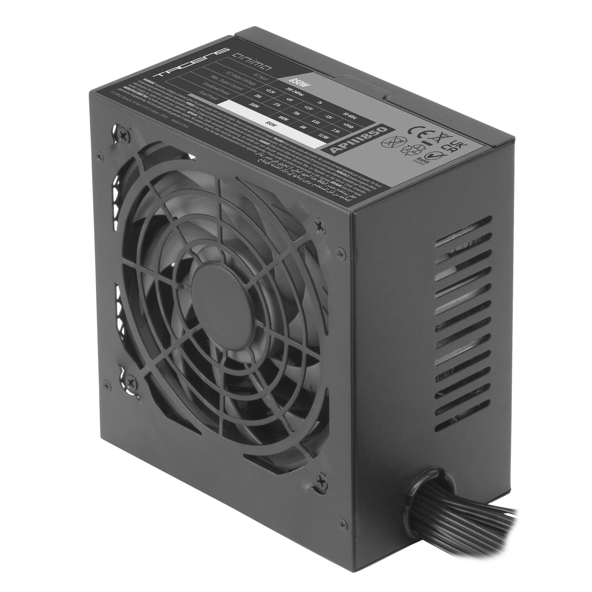 Fuente de alimentación negra con rejilla de ventilador y cables.