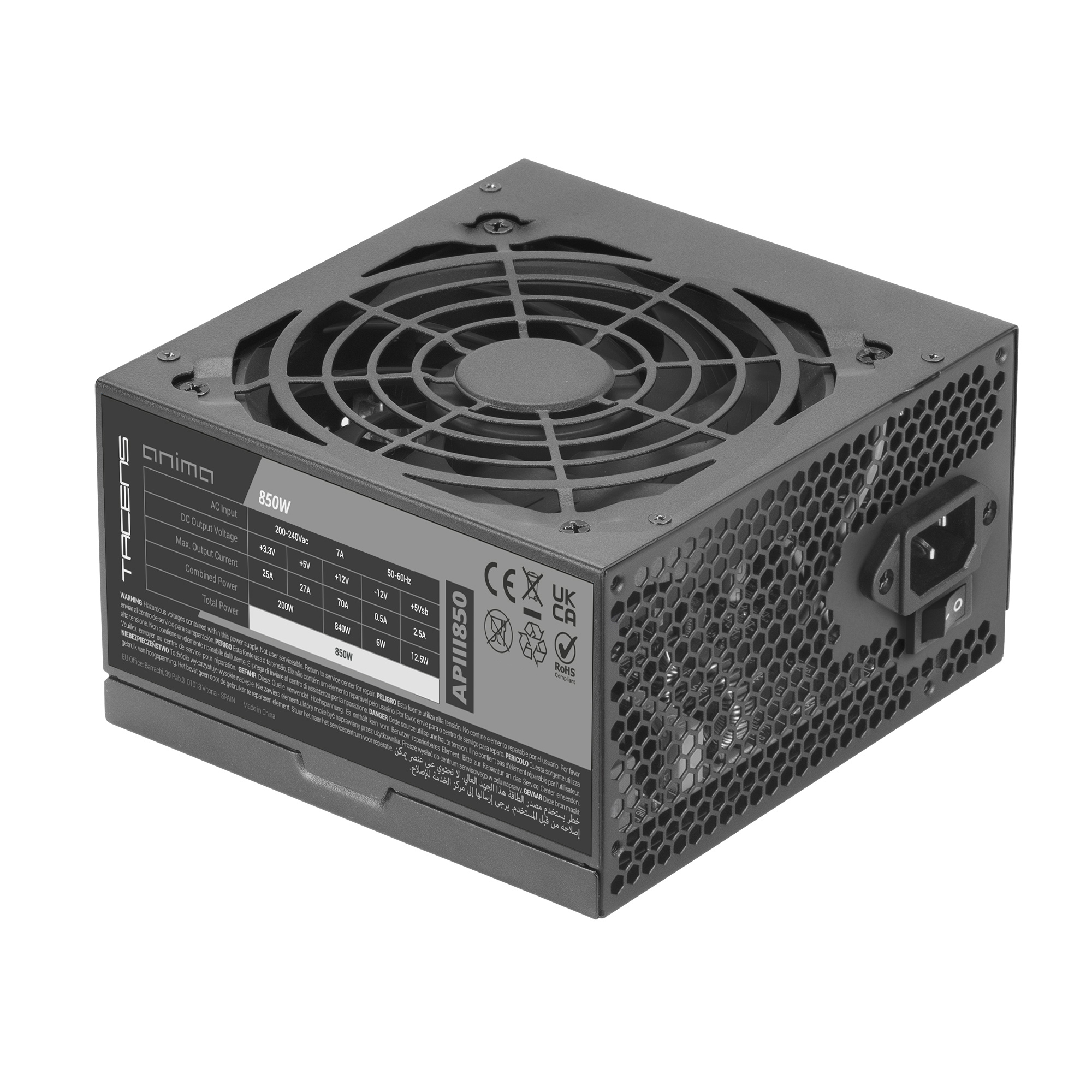 Una fuente de alimentación negra de 850W con rejilla de ventilador y etiqueta.