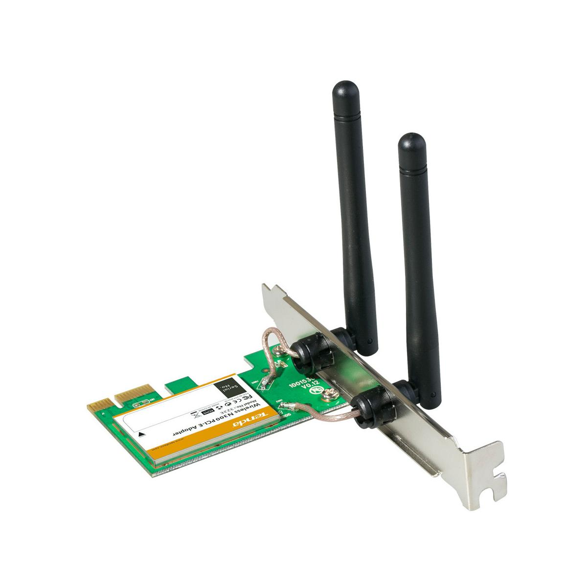 Un adattatore Wi-Fi PCIe con due antenne nere su sfondo bianco.