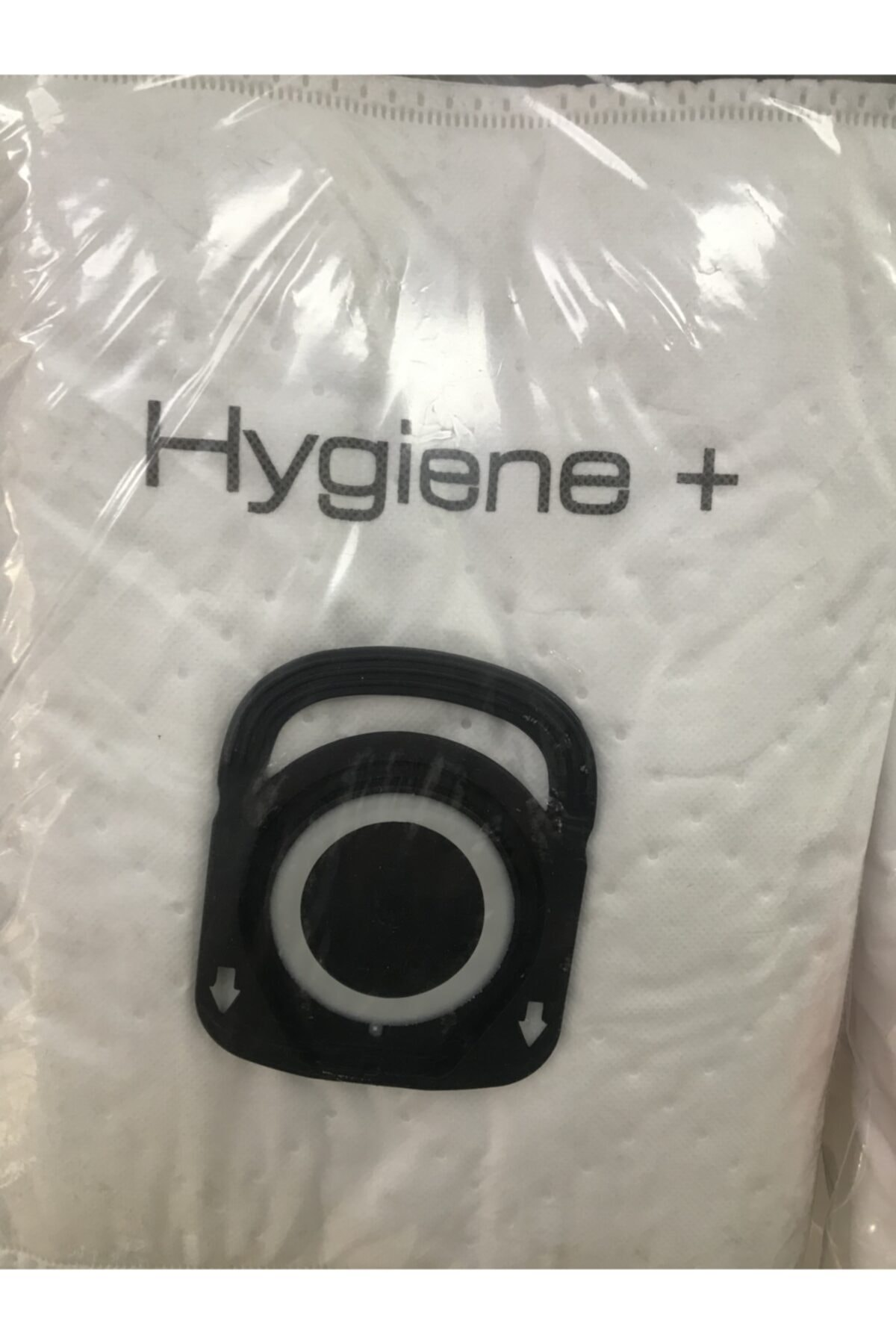 Siyah bağlantılı beyaz elektrikli süpürge torbası ve Hygiene + yazısı.
