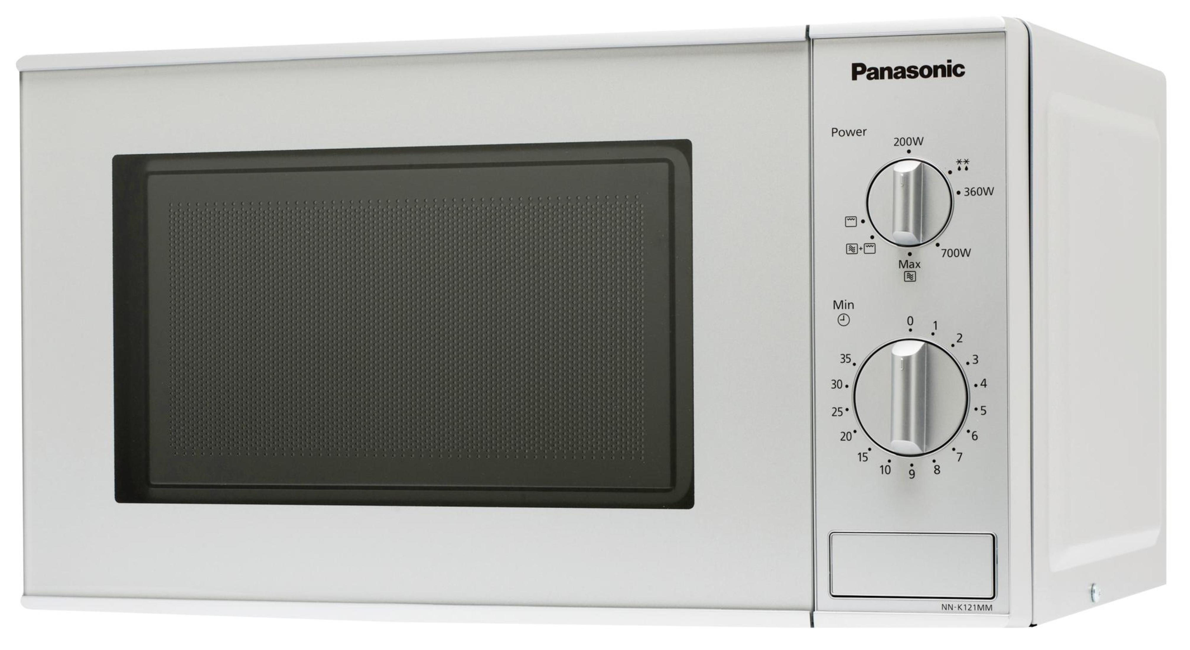 Un forno a microonde Panasonic bianco con manopole per potenza e tempo.