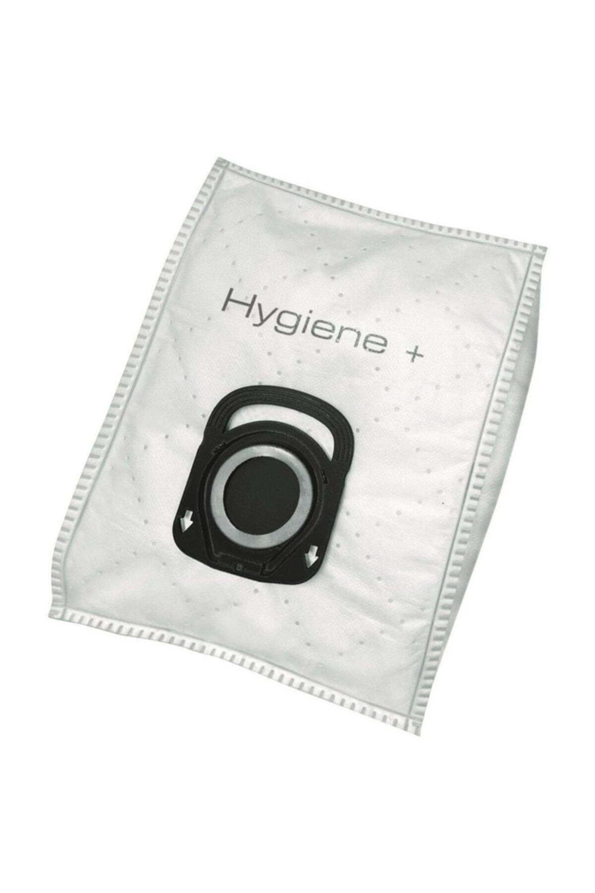 Siyah bağlantı noktasına sahip beyaz elektrikli süpürge torbası, üzerinde 'Hygiene +' yazıyor.