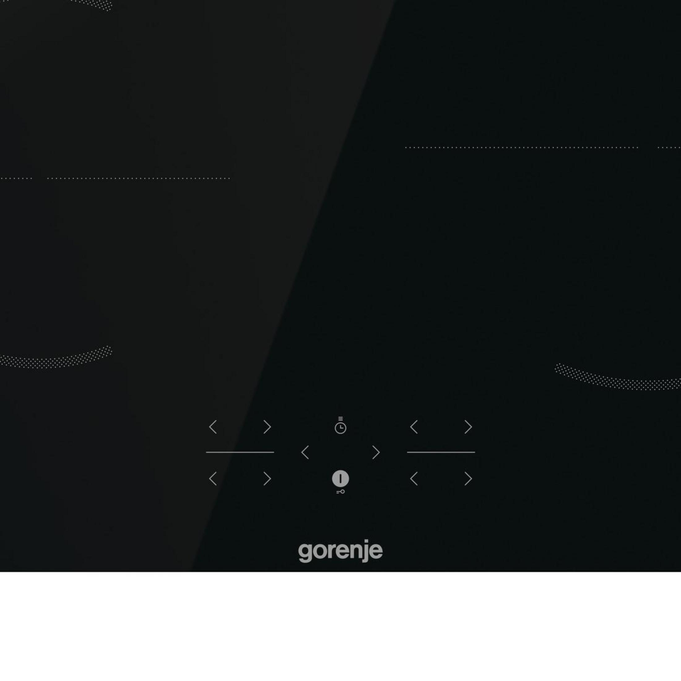 Schwarze Kochplatte mit Touch-Bedienfeld und Gorenje-Logo.