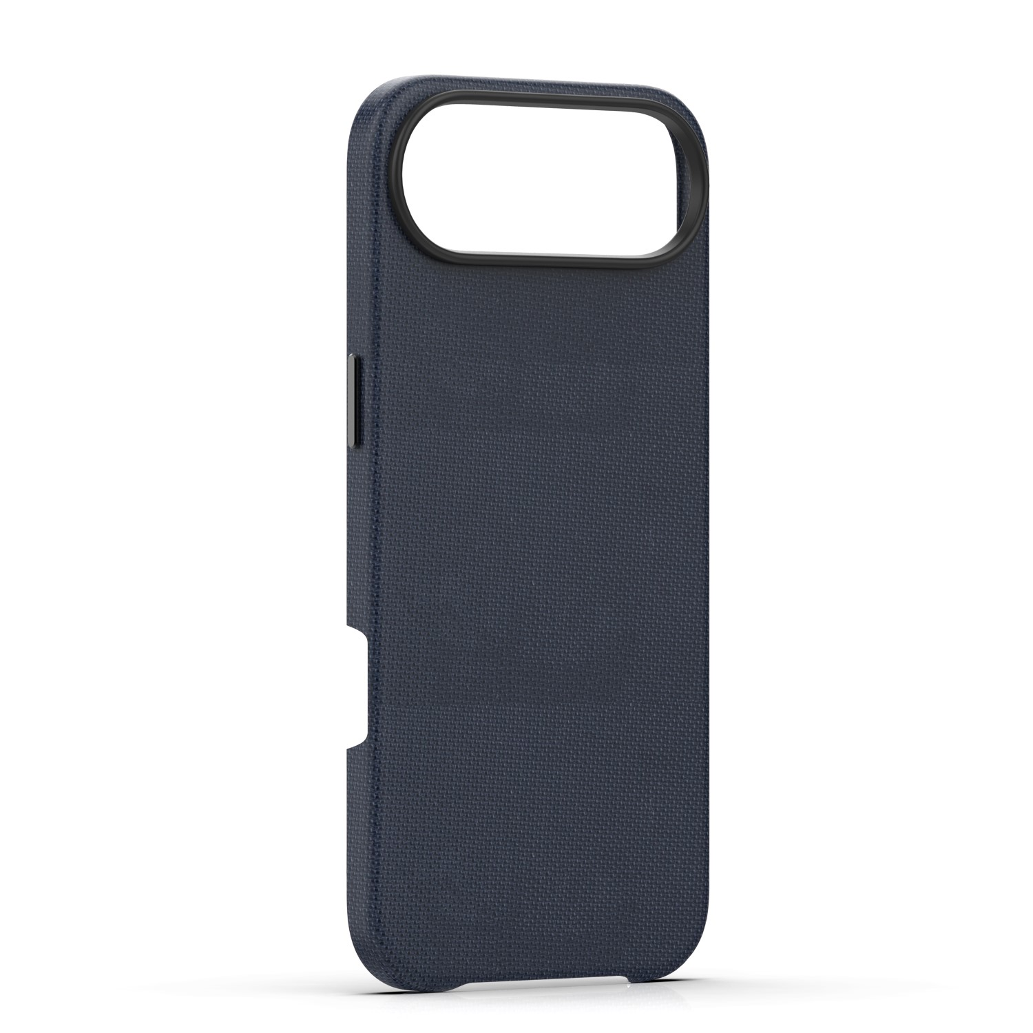 Custodia blu scuro per telefono con bordo nero su sfondo bianco.