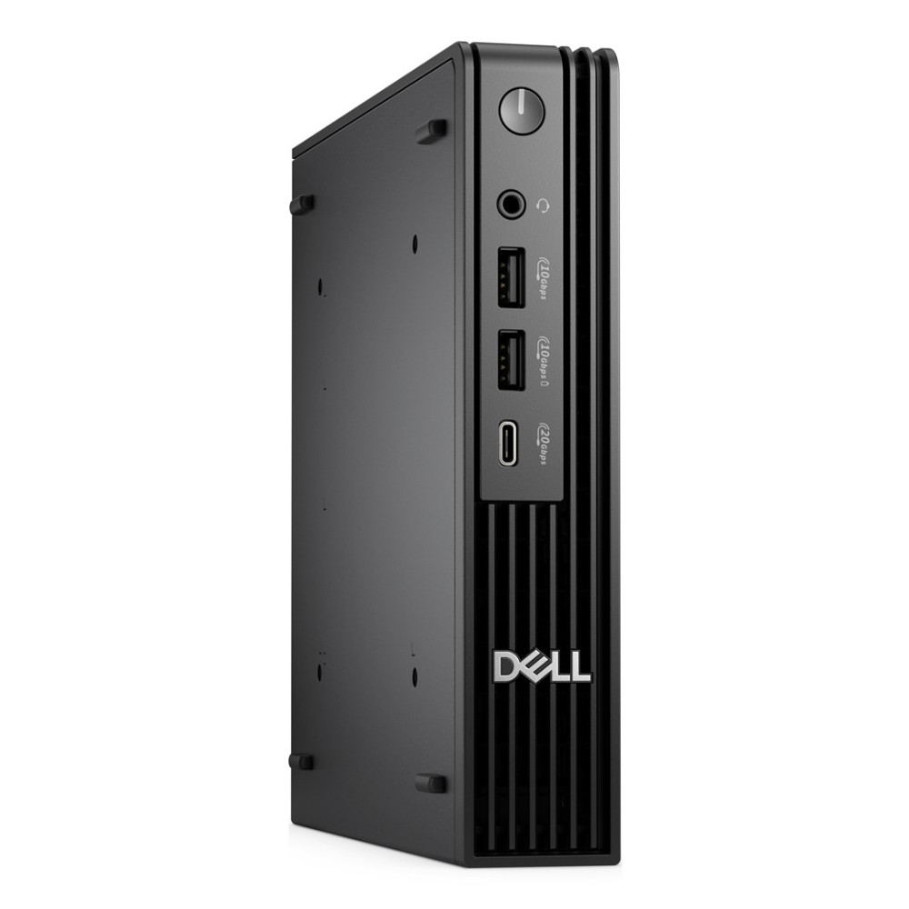 Mini PC Dell nero con pulsante di accensione, jack per cuffie, porte USB e USB-C.
