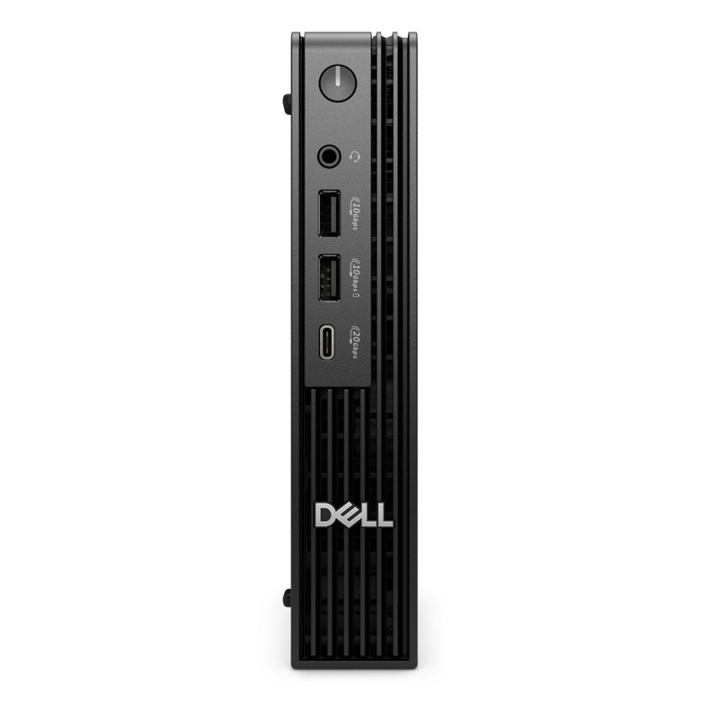 Un mini PC Dell nero con porte e pulsante di accensione sul lato.