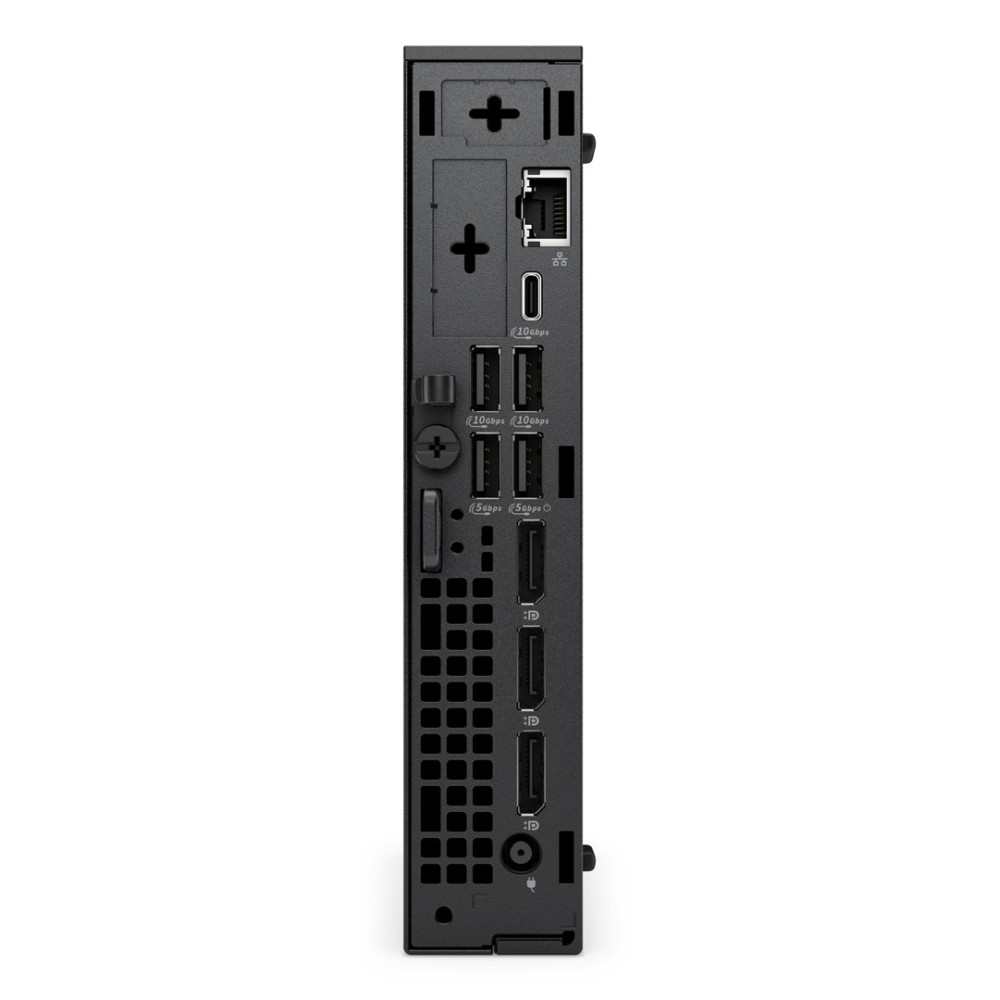 Retro di un mini PC nero con porte: Ethernet, USB-C, USB-A, DisplayPort.
