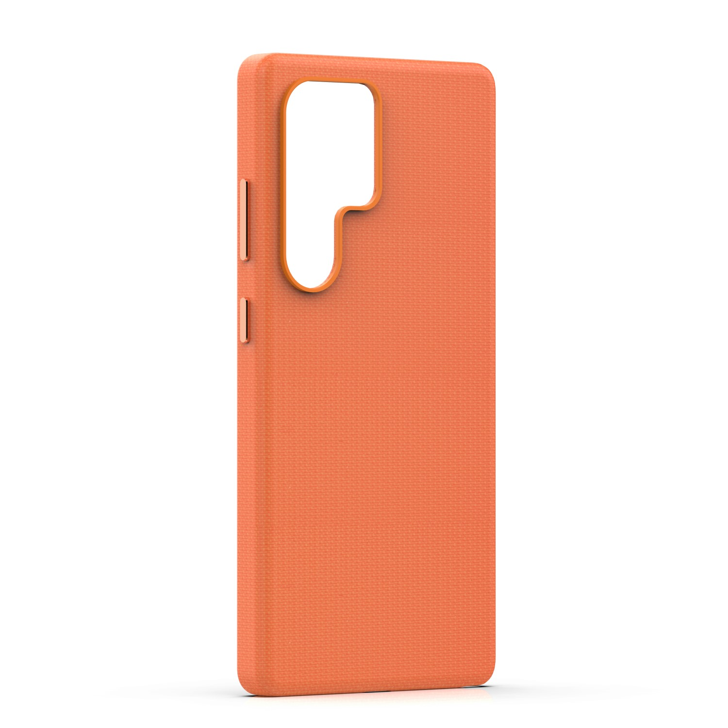 Custodia per telefono arancione con ritagli per fotocamera e pulsanti.