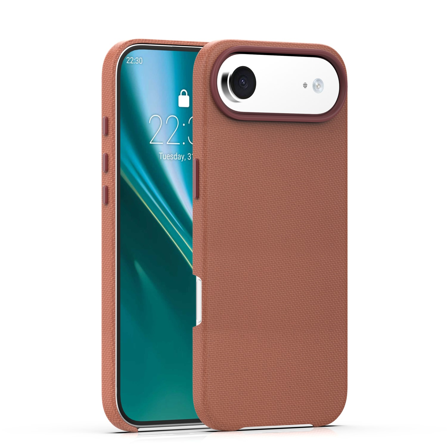 Brązowe etui na telefon z wycięciem na aparat, pokazujące kłódkę na ekranie.