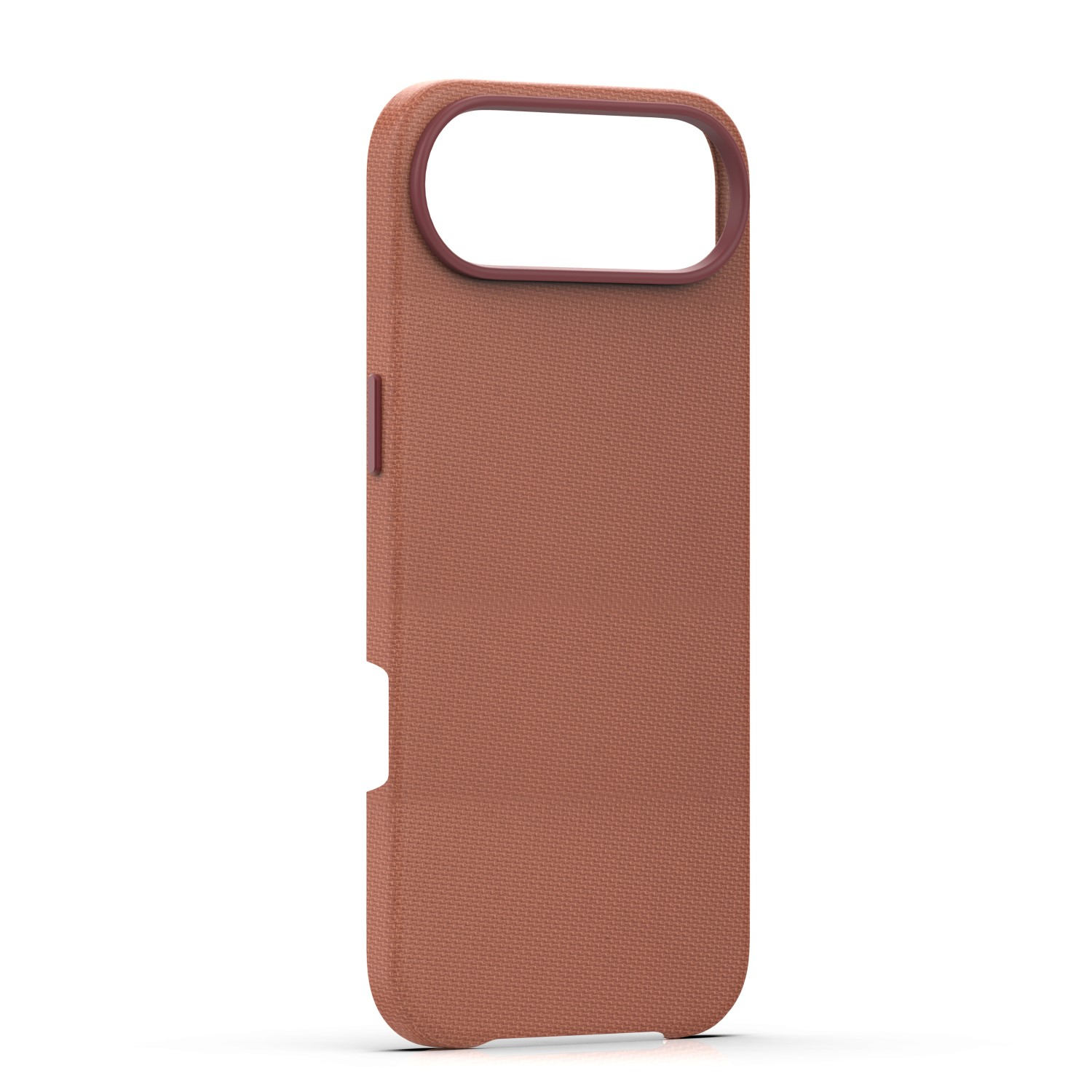 Brązowe etui na telefon z bordowym brzegiem i wycięciem na aparat.