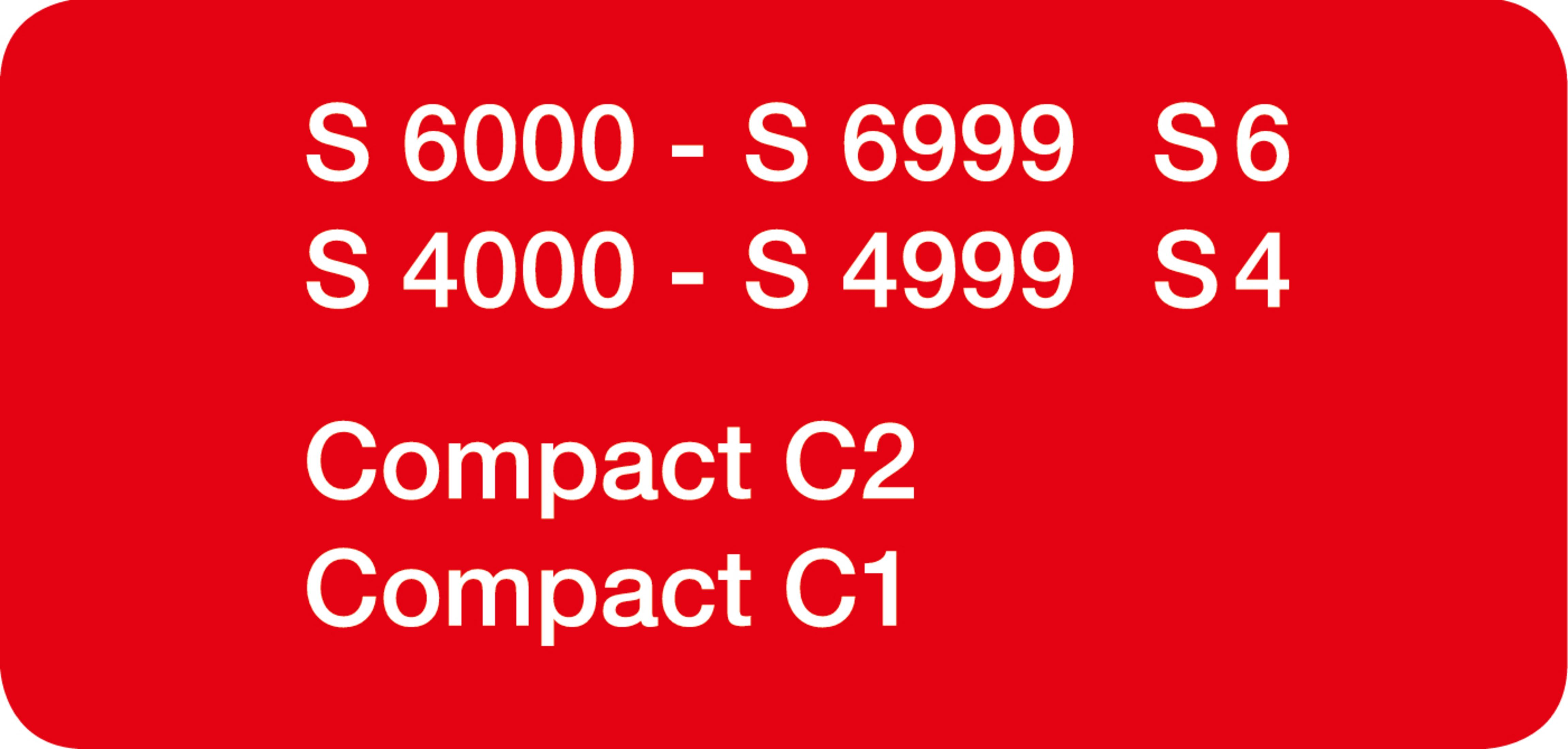 Testo bianco su rosso: S 6000-6999 S6, S 4000-4999 S4, Compact C2, Compact C1.
