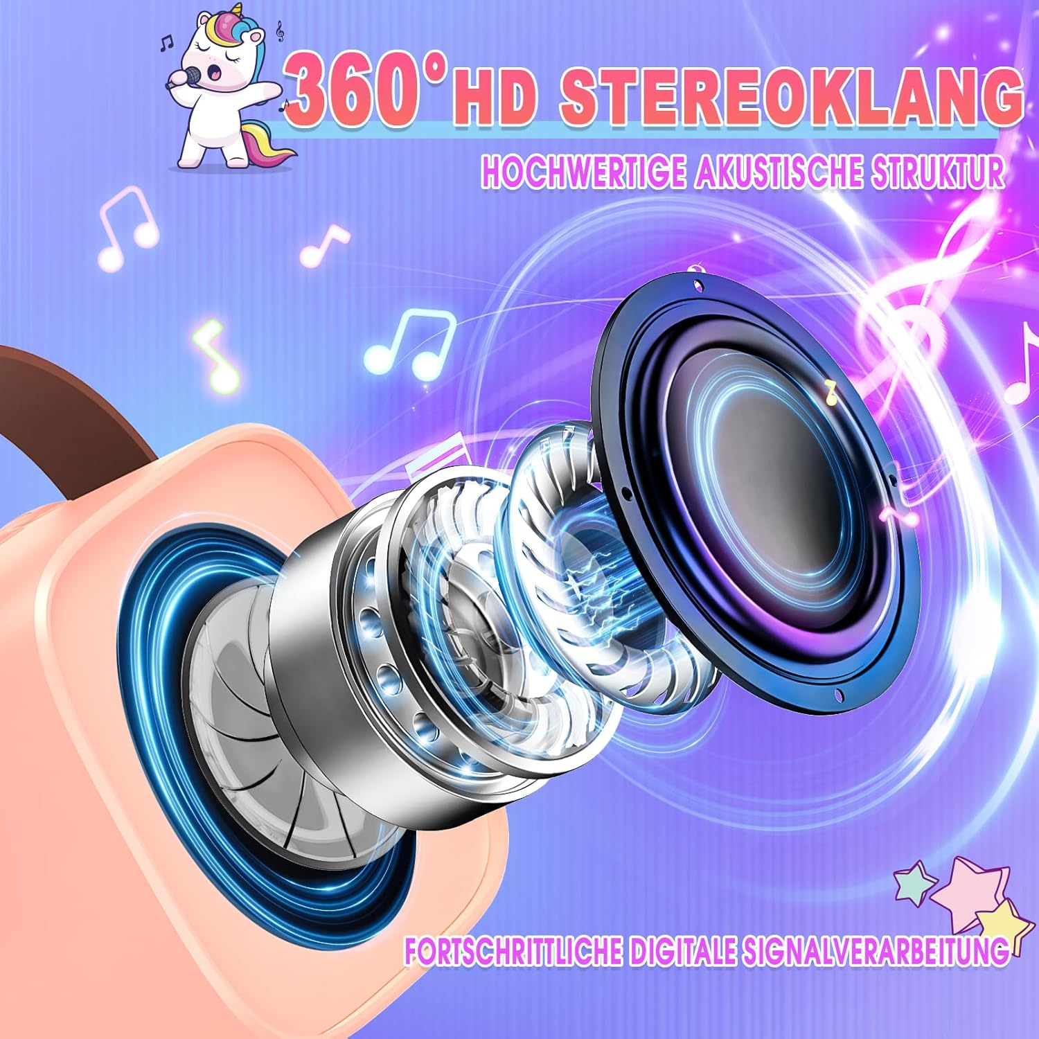 Śpiewający jednorożec, szczegół głośnika, dźwięk stereo 360 HD, cyfrowe przetwarzanie.