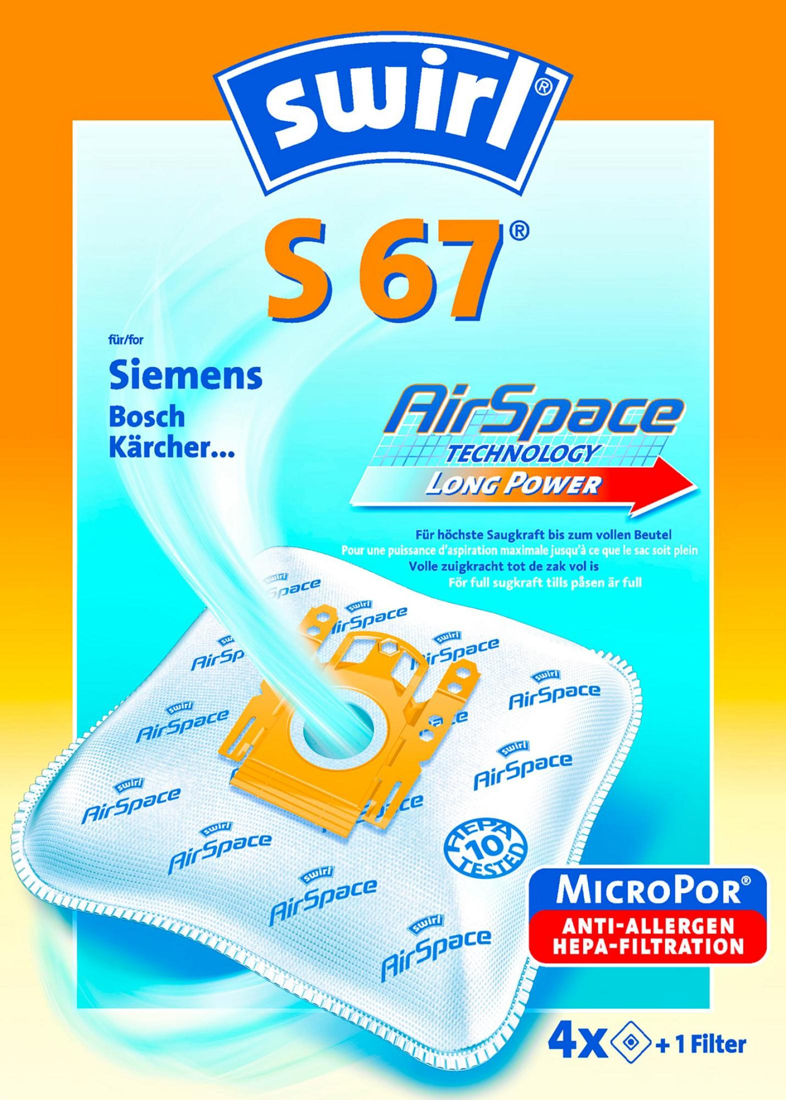Bolsas para aspiradora Swirl S67 con tecnología AirSpace para Bosch, Siemens, Kärcher.