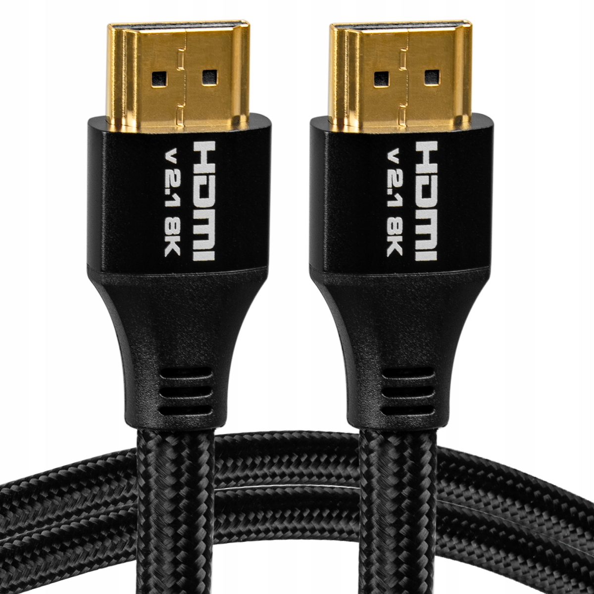 Dwa kable HDMI 2.1 8K ze złotymi złączami i czarnym plecionym przewodem.