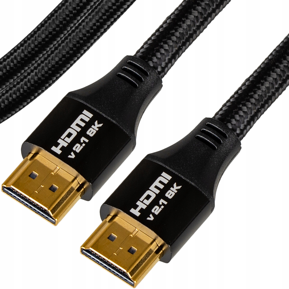 Dwa kable HDMI 2.1 8K ze złotymi złączami i czarnym, plecionym kablem.