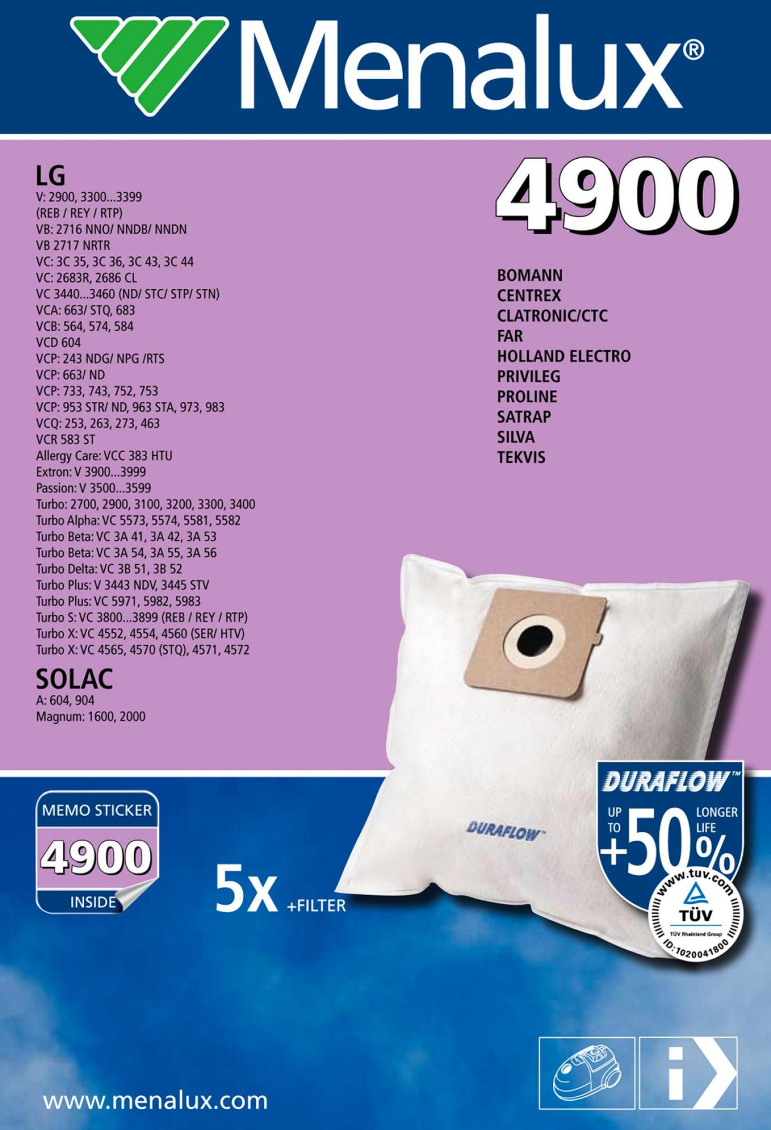 Menalux 4900 Staubsaugerbeutel mit +50% längerer Lebensdauer und Filter.