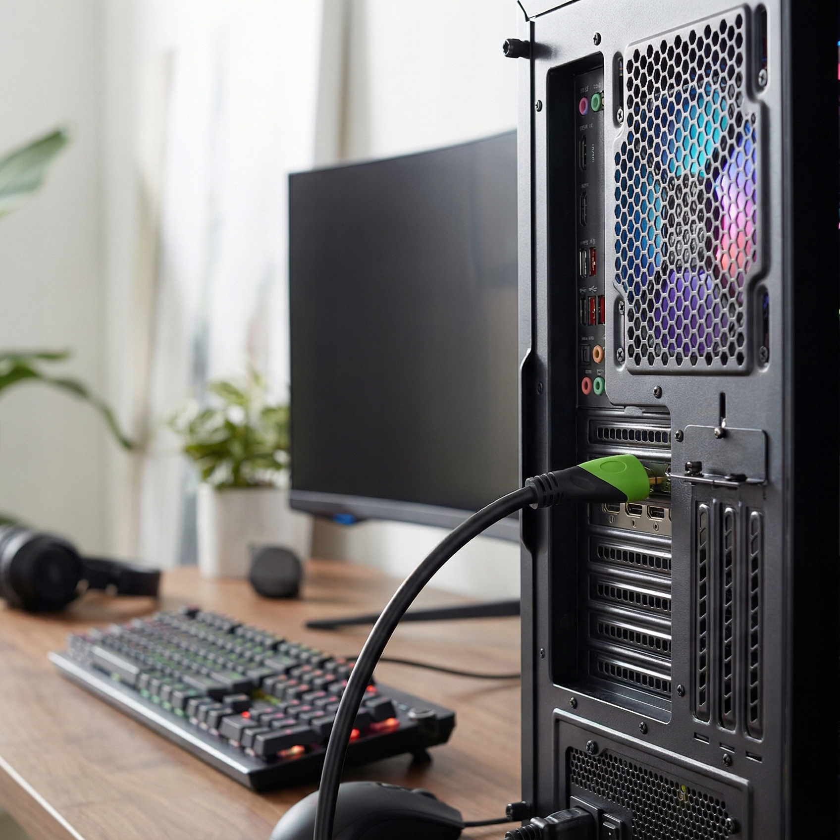 Obudowa komputera z podłączonymi kablami, klawiaturą, myszą i słuchawkami.