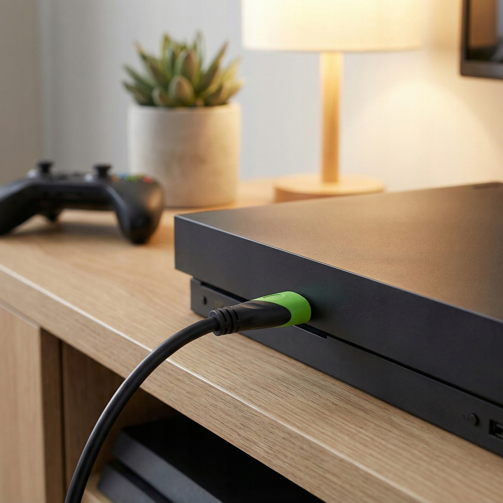 Zielona wtyczka jest podłączona do czarnej konsoli do gier.