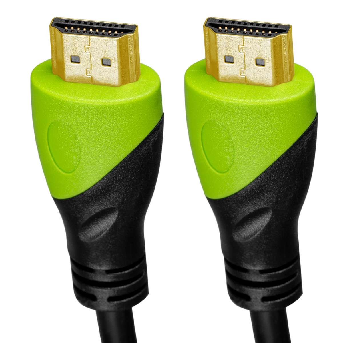 Dwa złącza kabla HDMI ze złotymi końcówkami i neonowo-zielonymi akcentami.