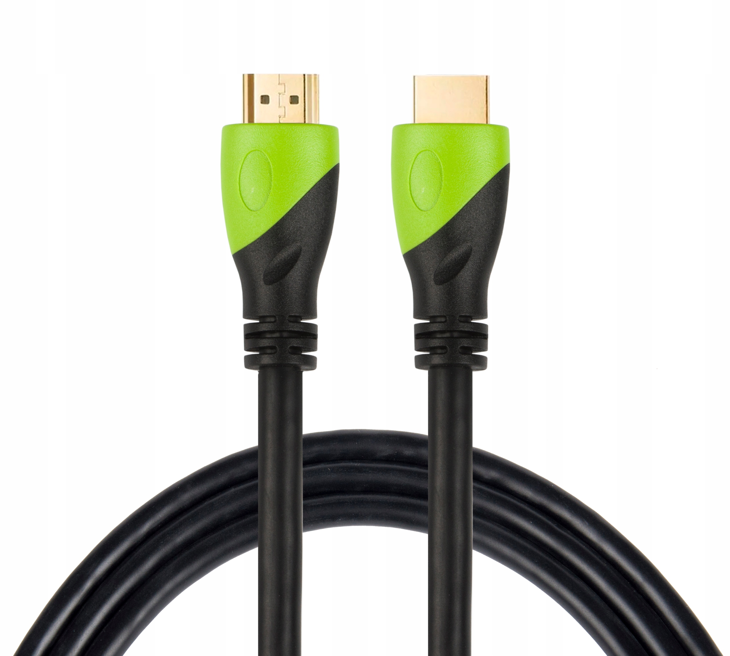 Dwa kable HDMI ze złotymi złączami i zielonymi akcentami na czarnym tle.