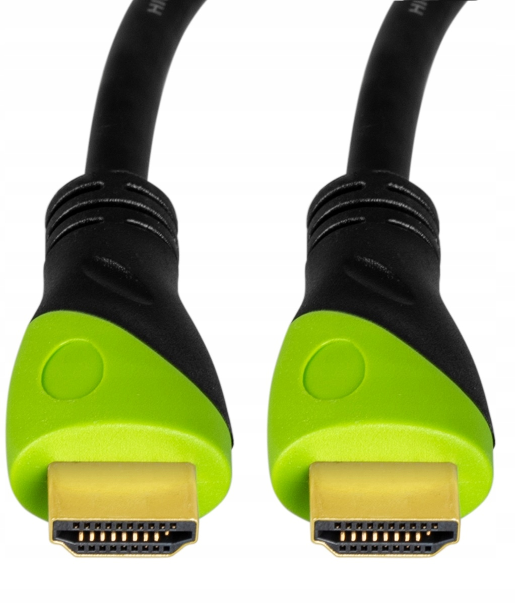 Dwa kable HDMI z czarnymi przewodami i zielono-czarnymi złączami.