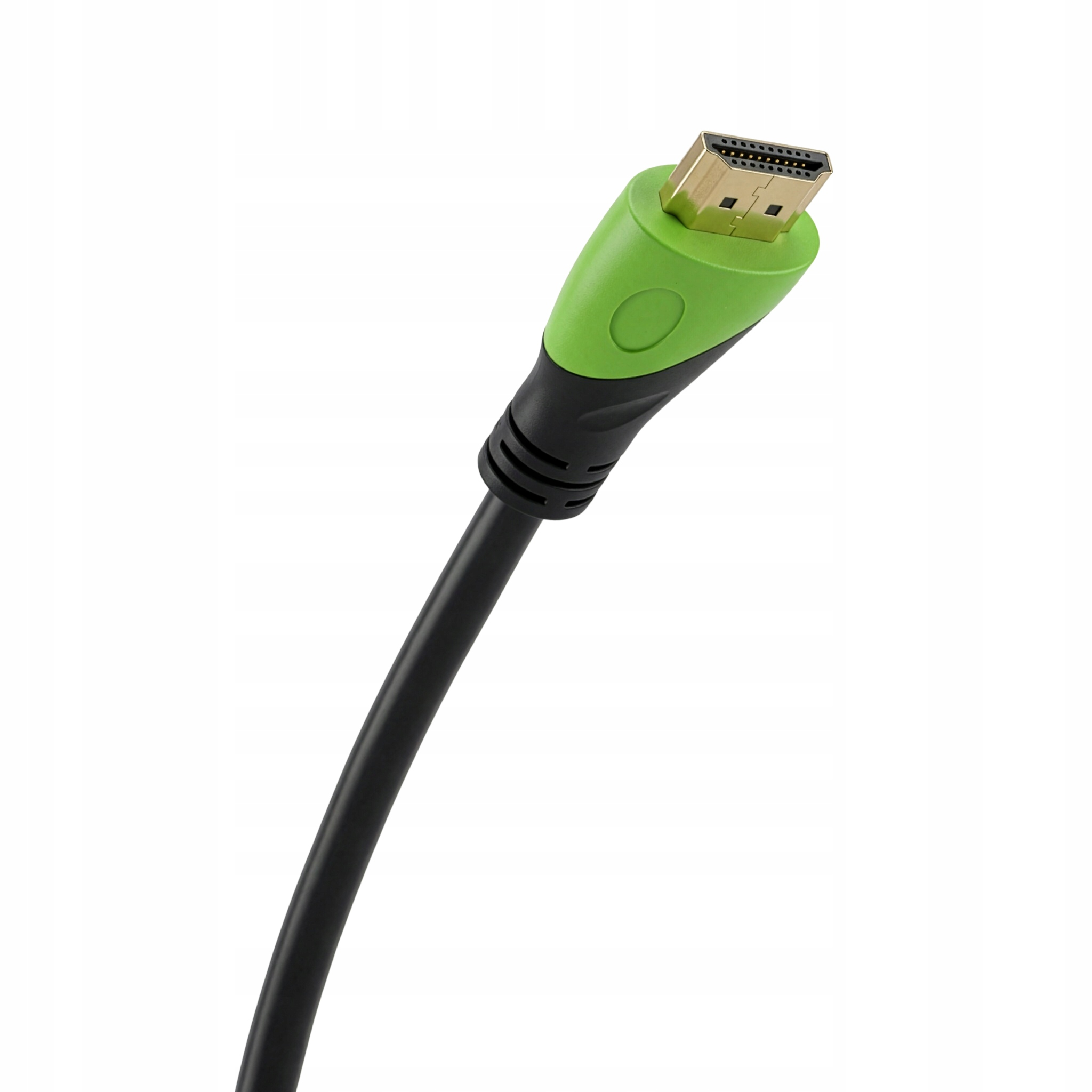 Czarny kabel HDMI z zieloną wtyczką i złotymi pinami.