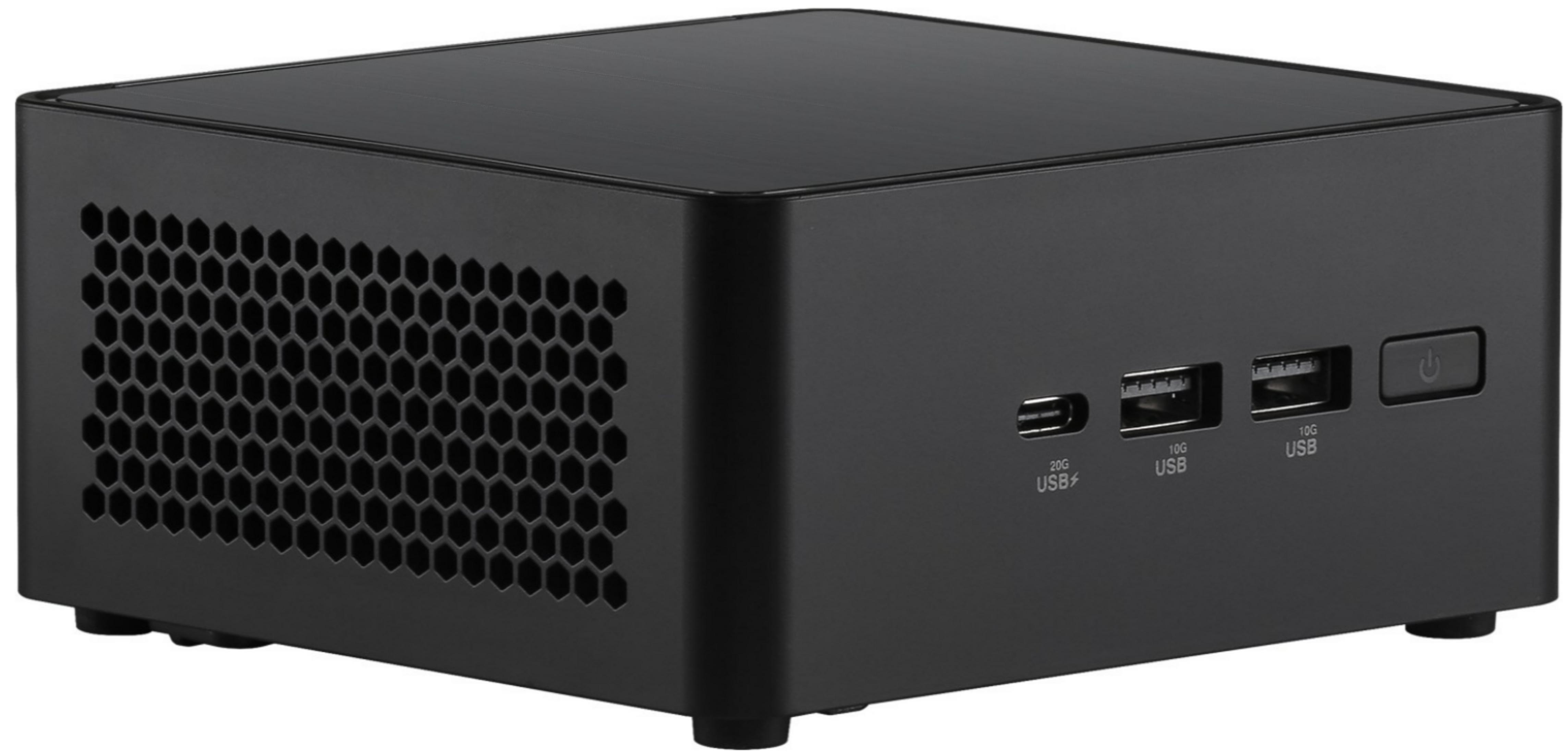 Een zwarte mini-pc met honingraatroosters en USB-poorten.