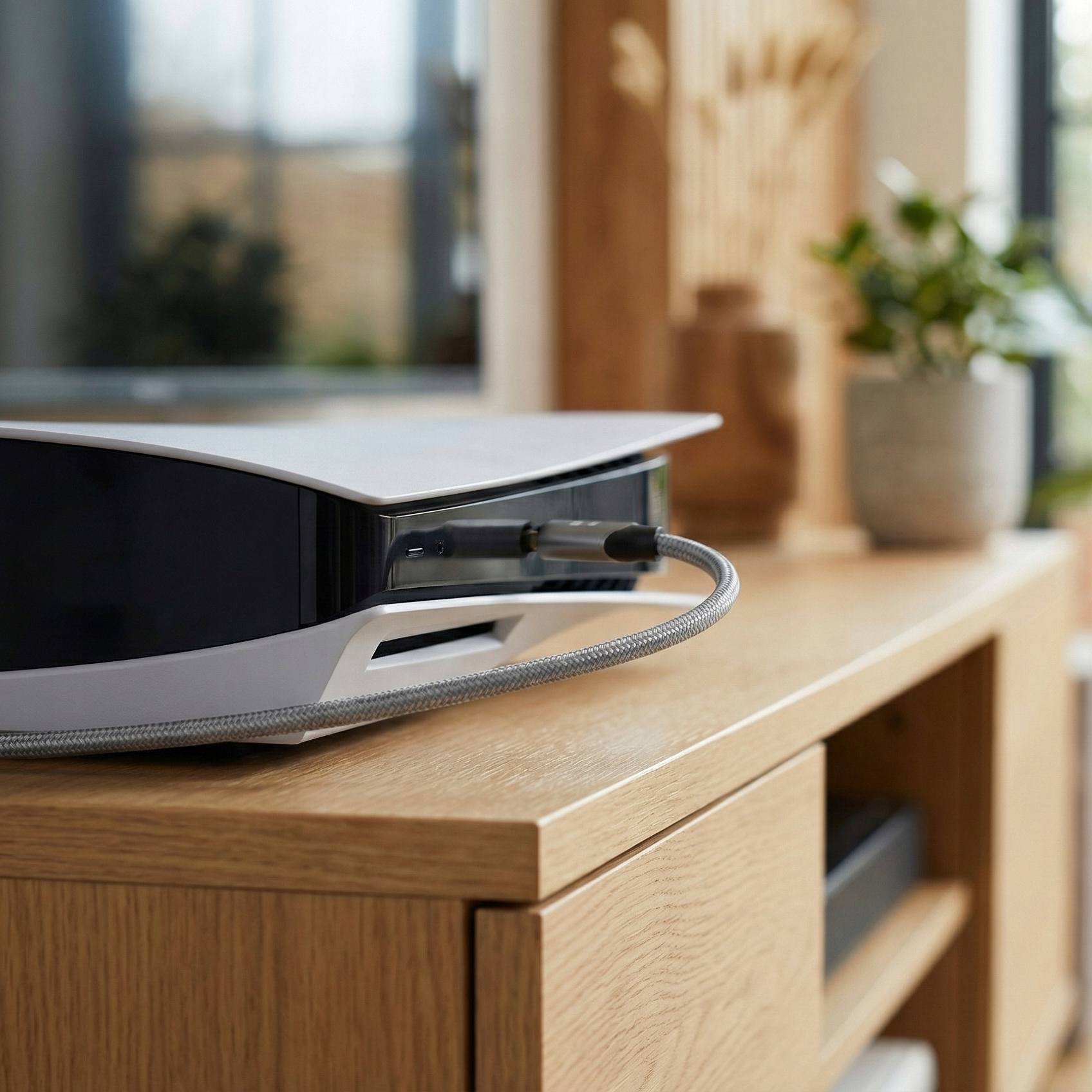 Biała konsola do gier stoi na drewnianej szafce. Podłączony jest kabel.