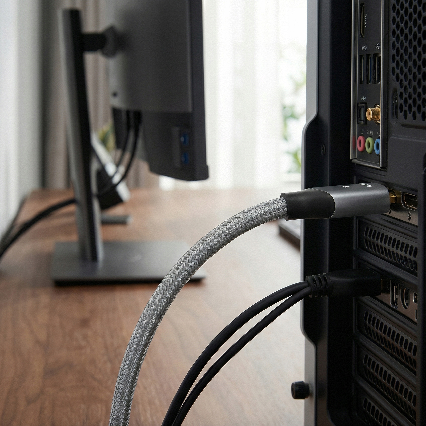 Szary kabel HDMI i dwa czarne kable są podłączone do komputera.