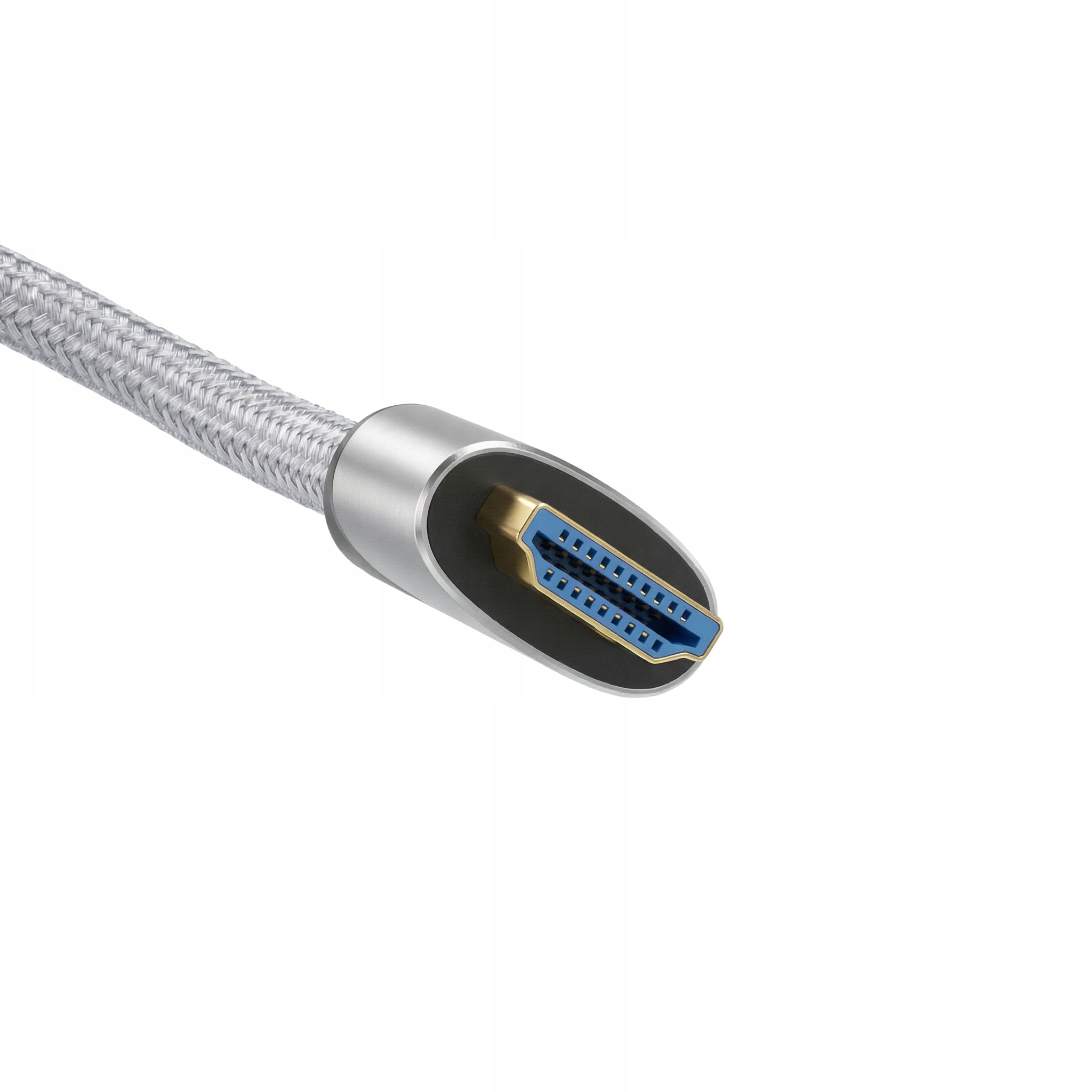 Złącze HDMI z srebrnym kablem i niebieską wkładką.