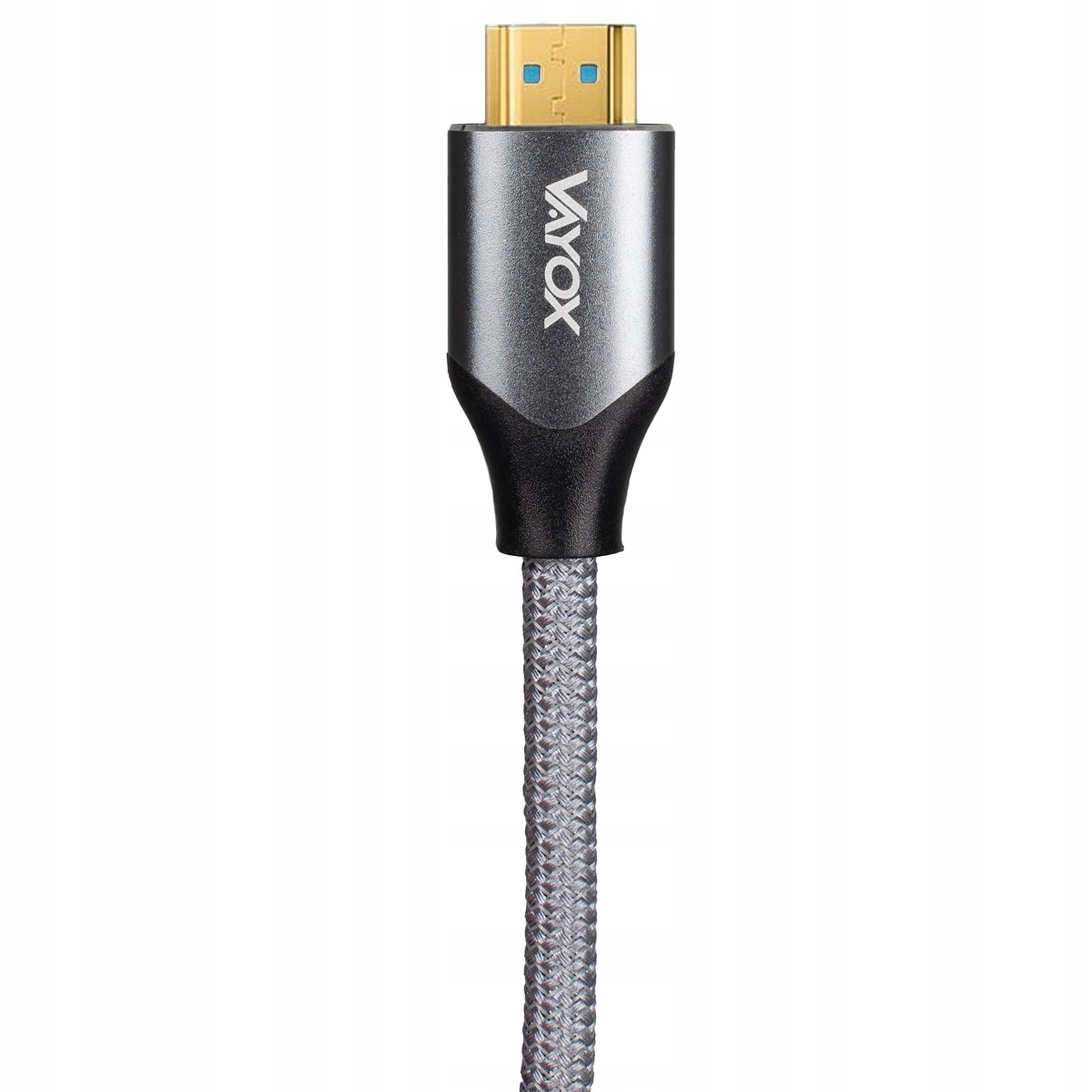Szary kabel HDMI ze złotymi złączami i logo Vayox.