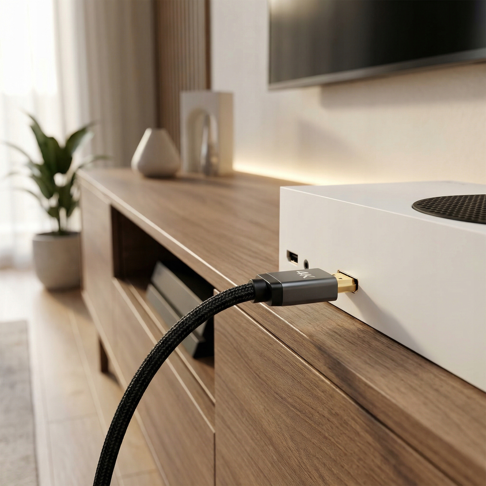 Kabel HDMI z oznaczeniem 4K jest podłączony do białej konsoli do gier.