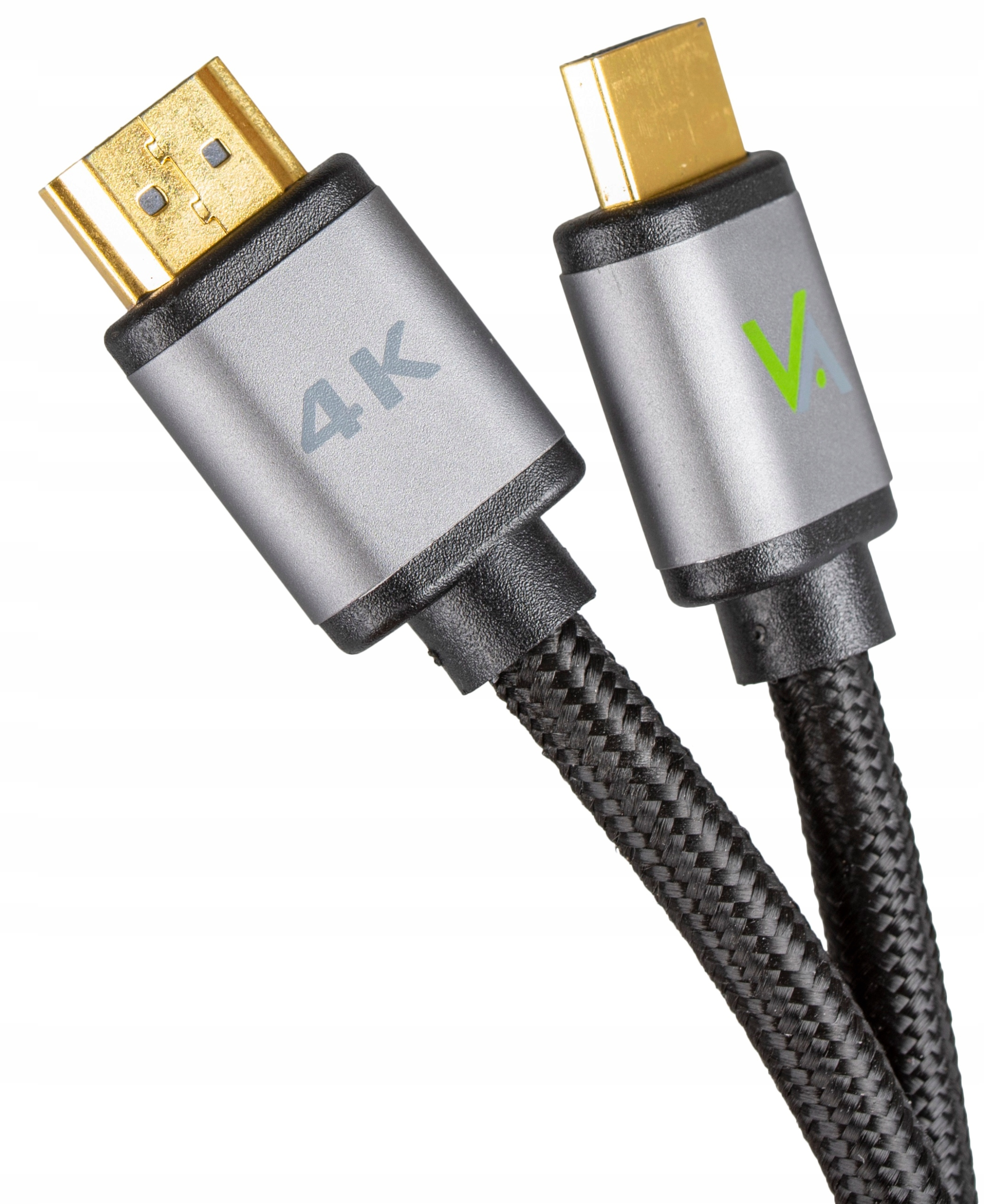 Dwa kable HDMI ze złotymi złączami i szarymi obudowami. Jeden z napisem 4K.