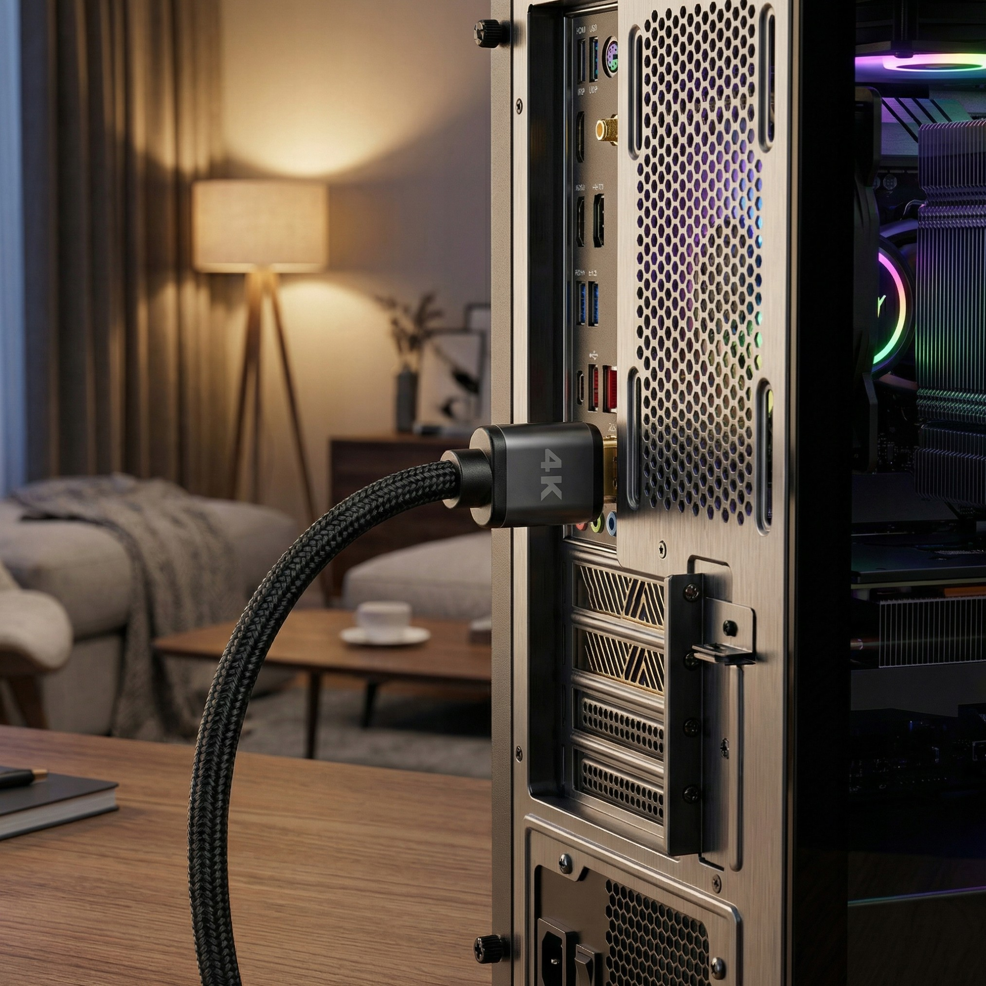 Czarny kabel 4K jest podłączony do tylnego portu komputera.