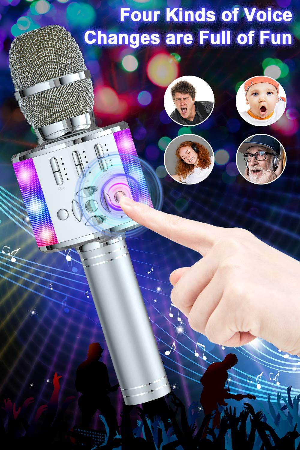 Mikrofon ze światłami obsługiwany przez dłoń, cztery twarze w tle.