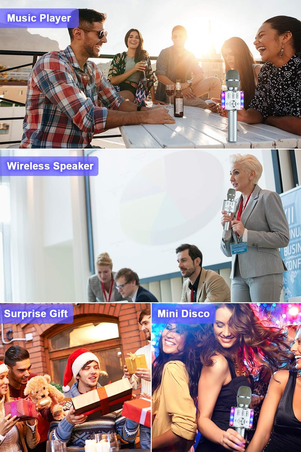 Ludzie cieszą się muzyką, prezentacją i prezentami. Mikrofon karaoke ze światłami.