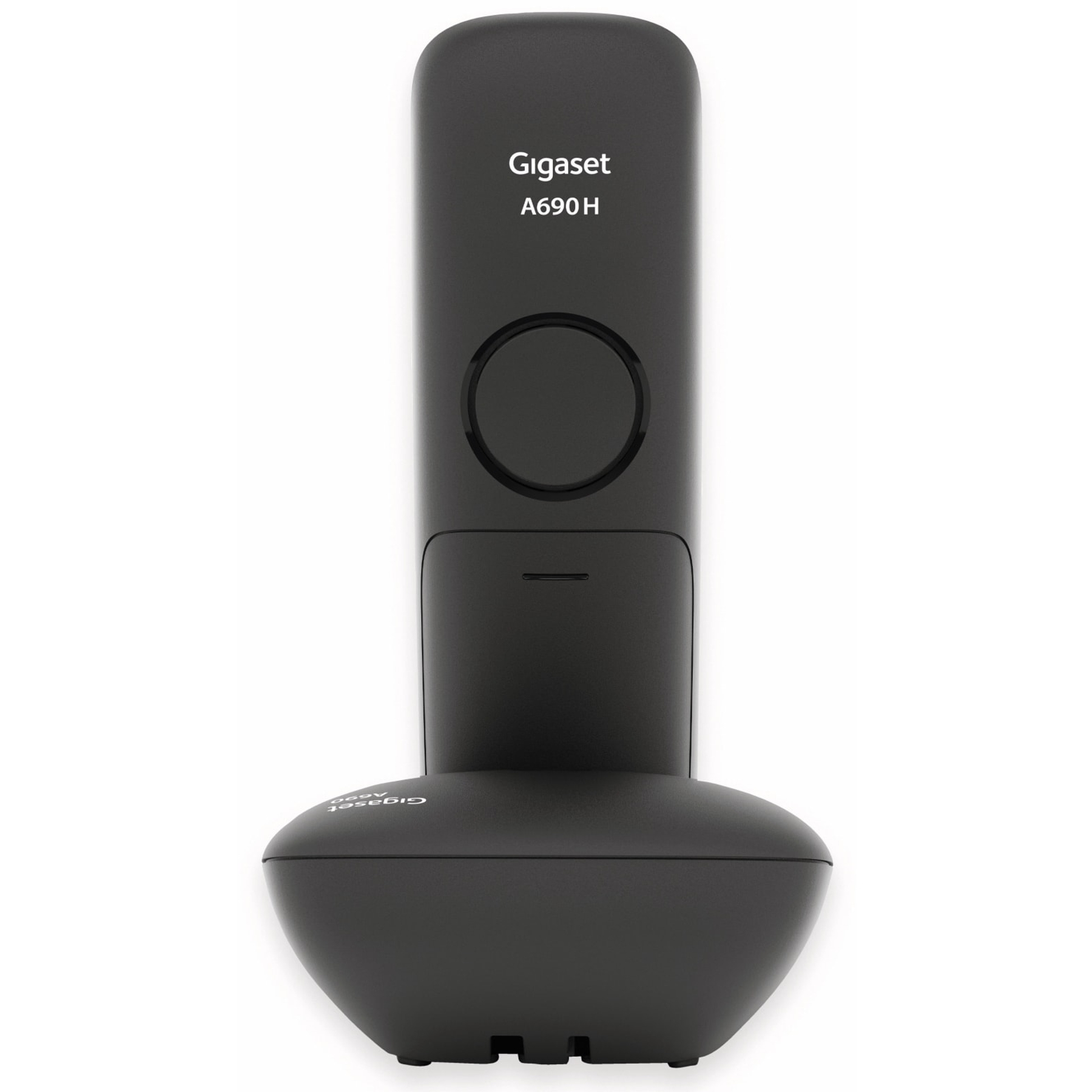 Un telefono cordless nero Gigaset A690 H su sfondo bianco.