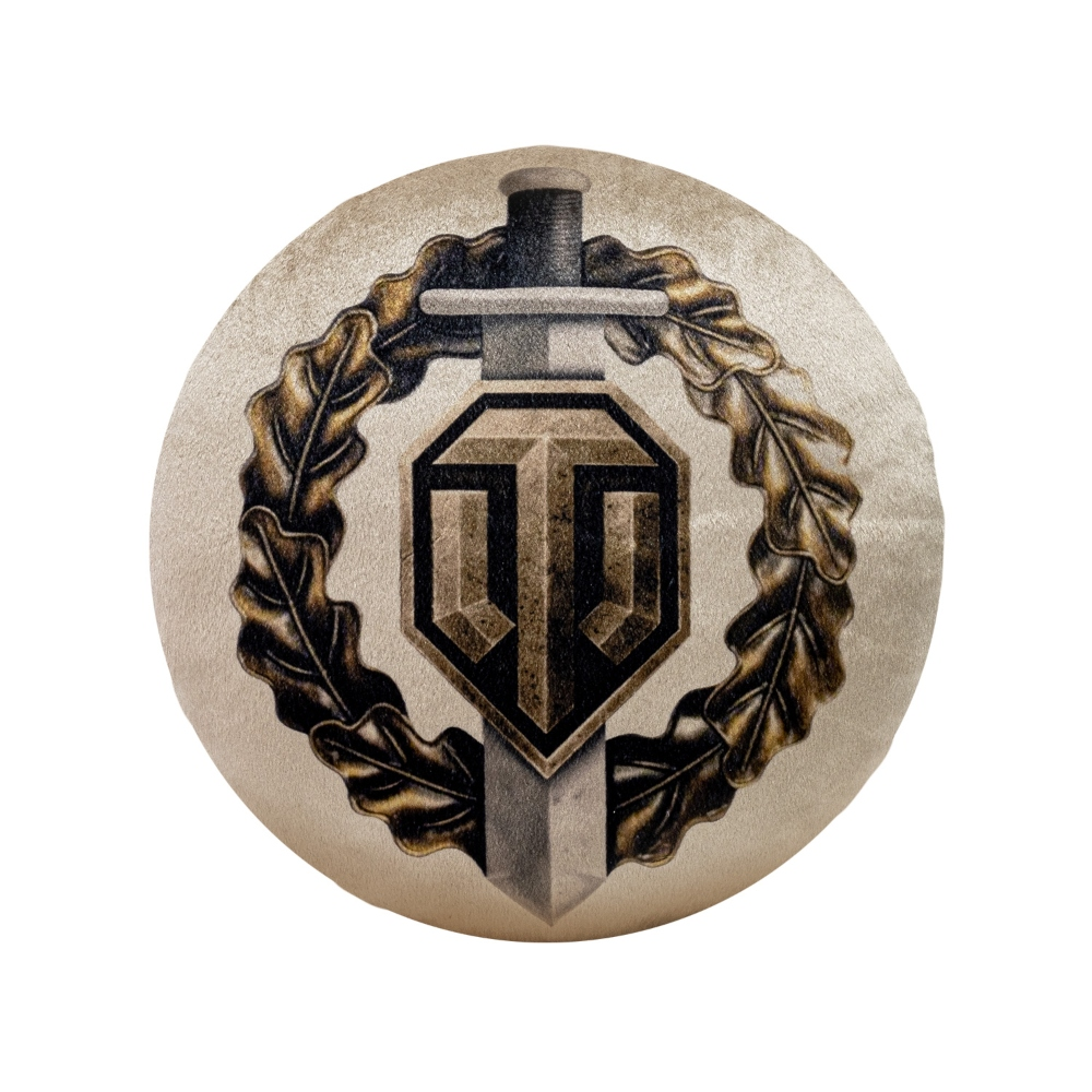 Un emblema rotondo con spada, foglie di quercia e uno scudo con insegna 'T'.