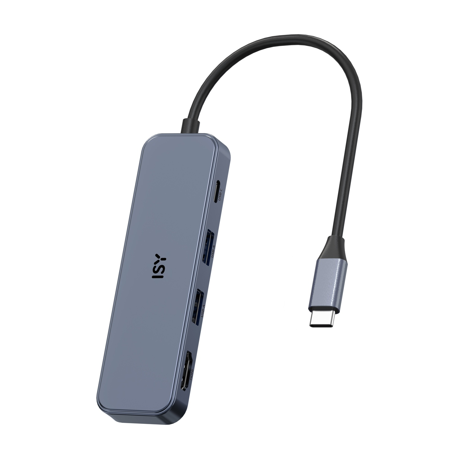 Hub USB-C grigio con porte HDMI, USB-A e cavo.