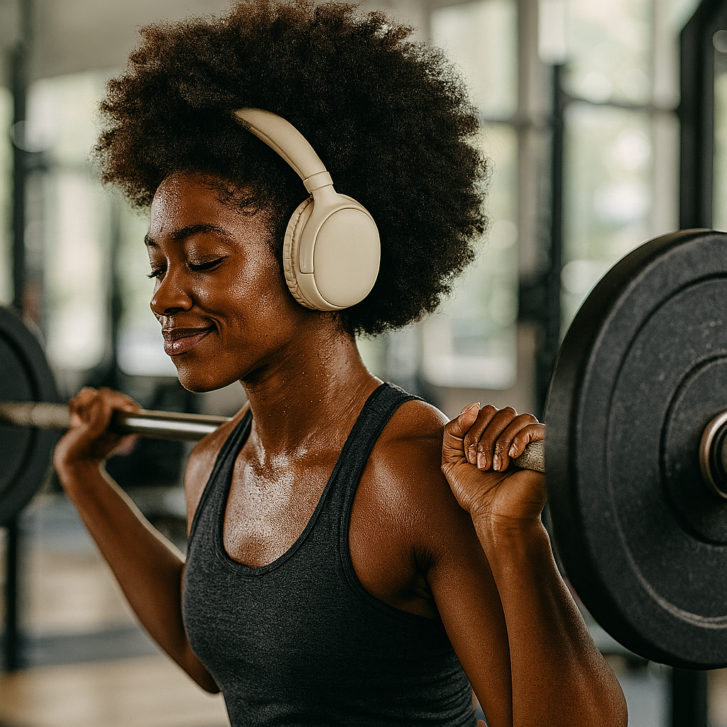 Eine Frau mit Kopfhörern hebt eine Hantel im Fitnessstudio.