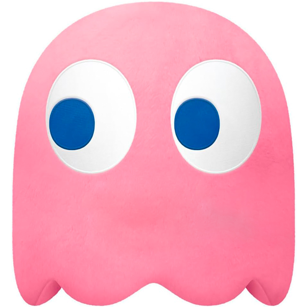 Un fantasma rosa di Pac-Man con grandi occhi bianchi e pupille blu.